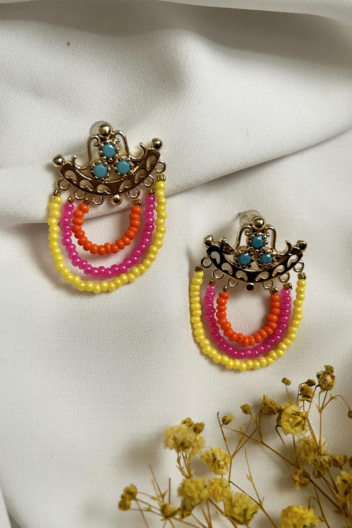 Gold Plated Pink Yellow Orange Beaded Earrings