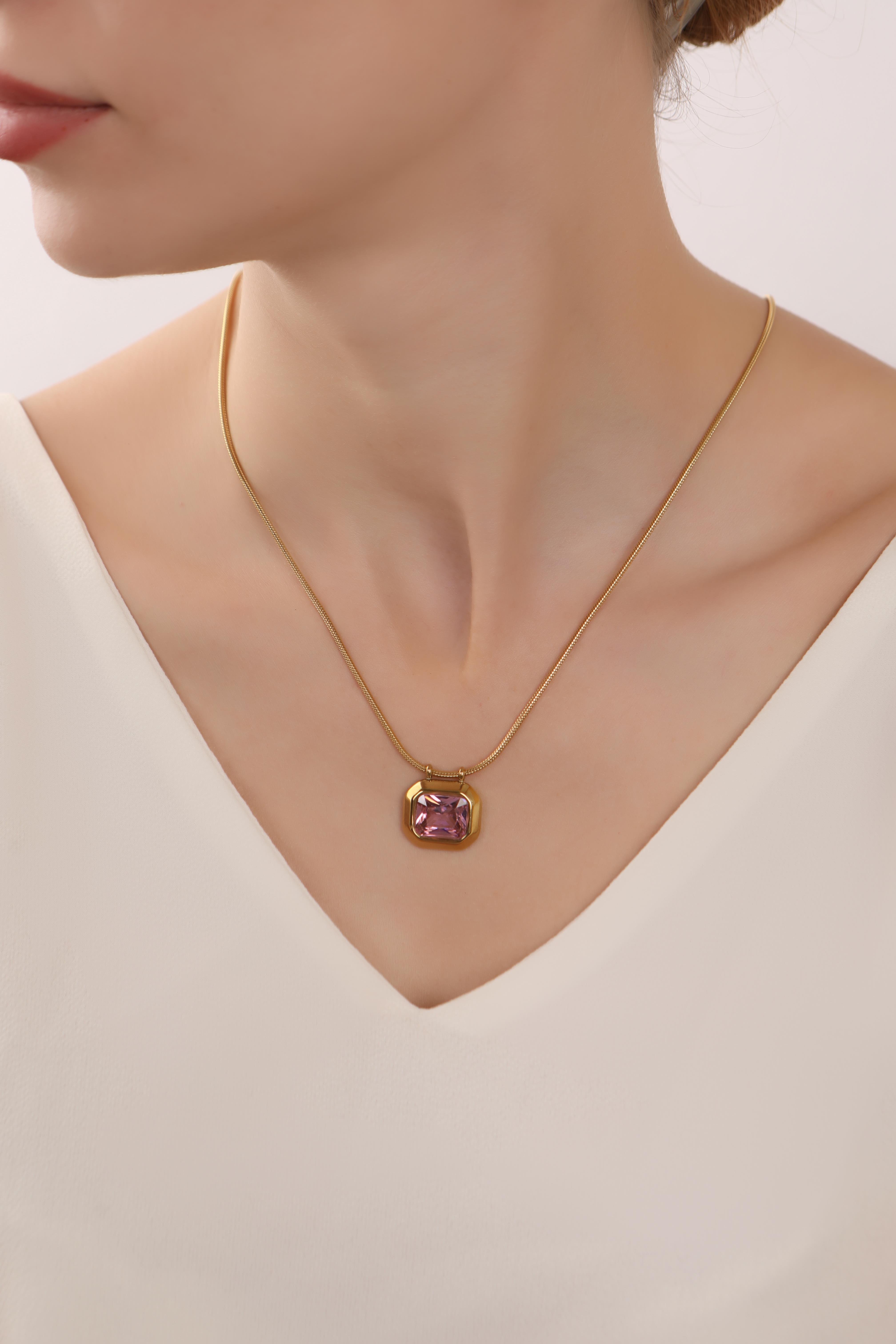 Gold Plated Pink Zircon Stone Snake Chain Steel Necklace