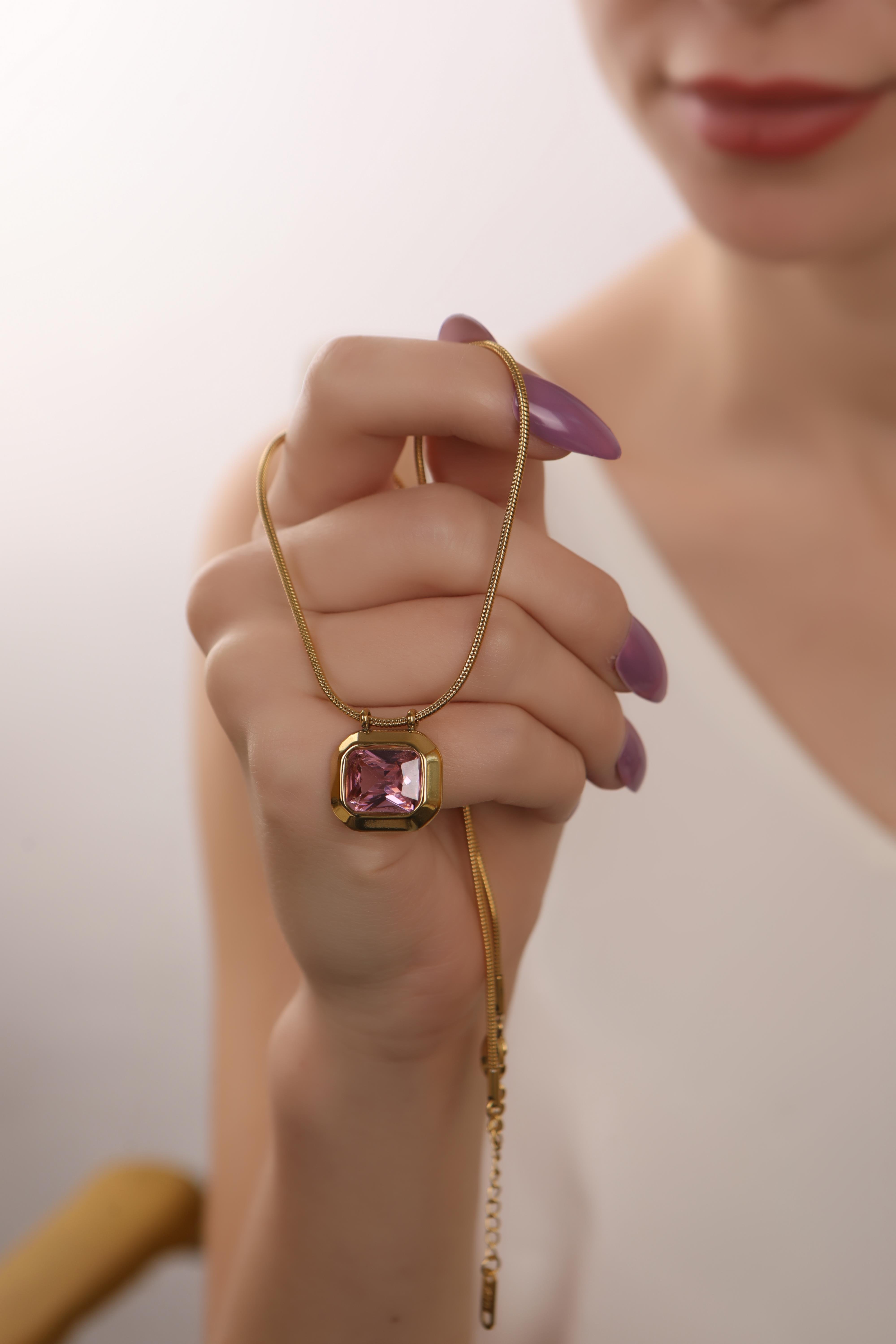 Gold Plated Pink Zircon Stone Snake Chain Steel Necklace