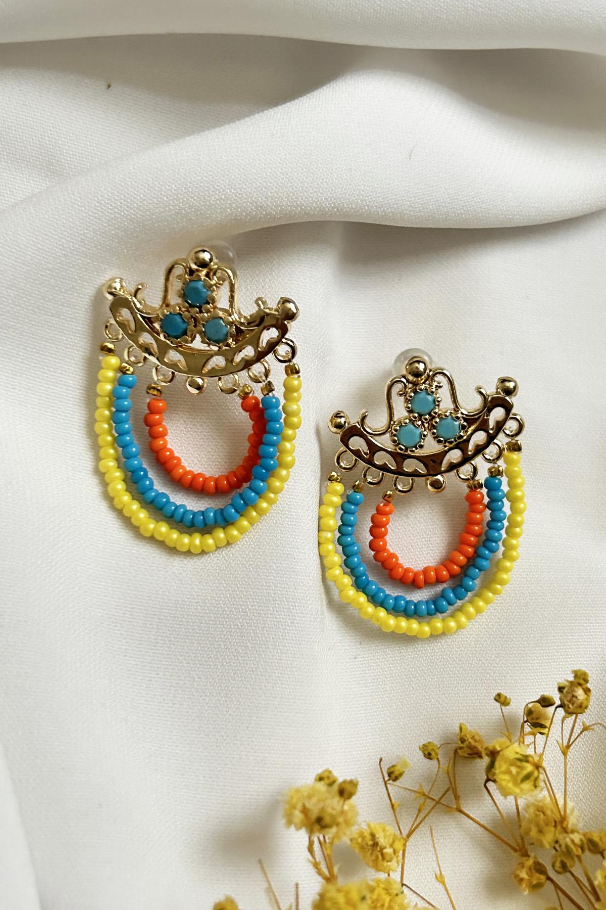 Gold Plated Yellow Blue Orange Beaded Earrings