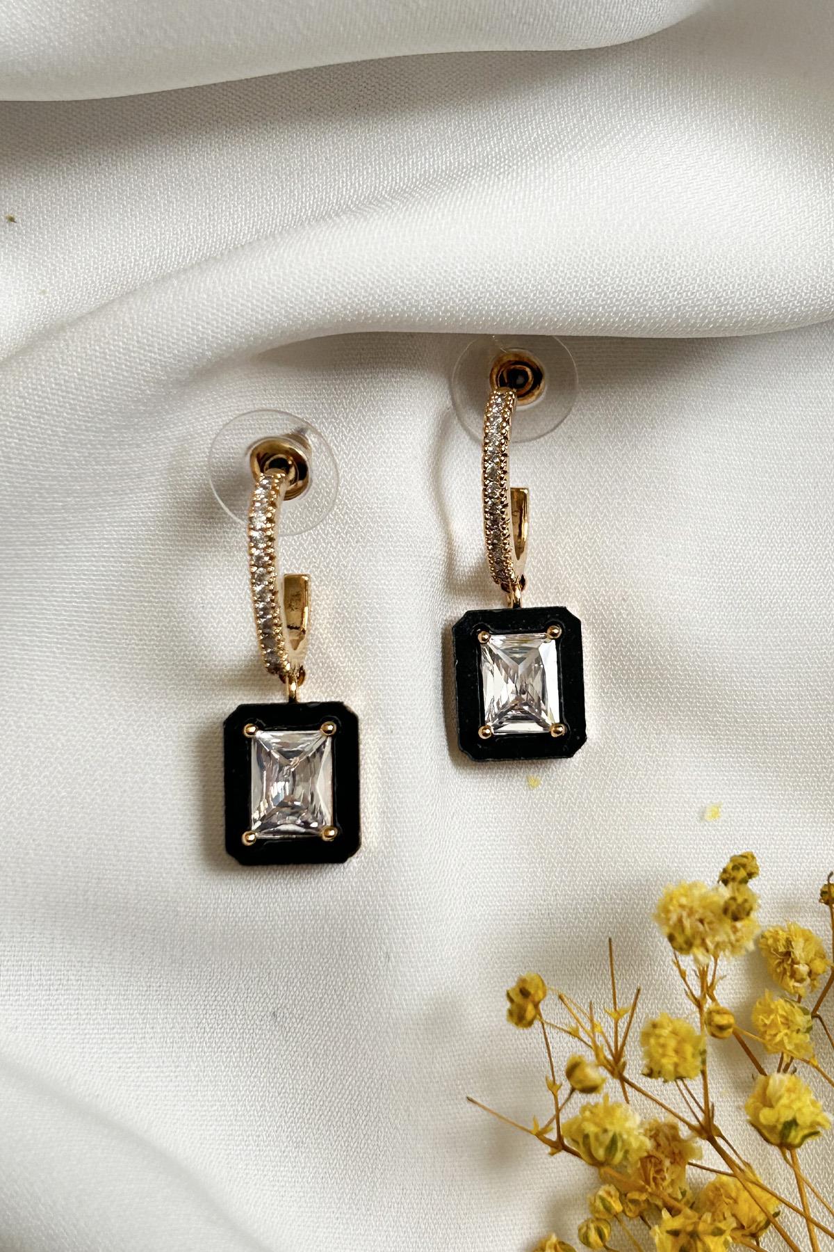 Gold Plated Black Baguette Stone Earrings