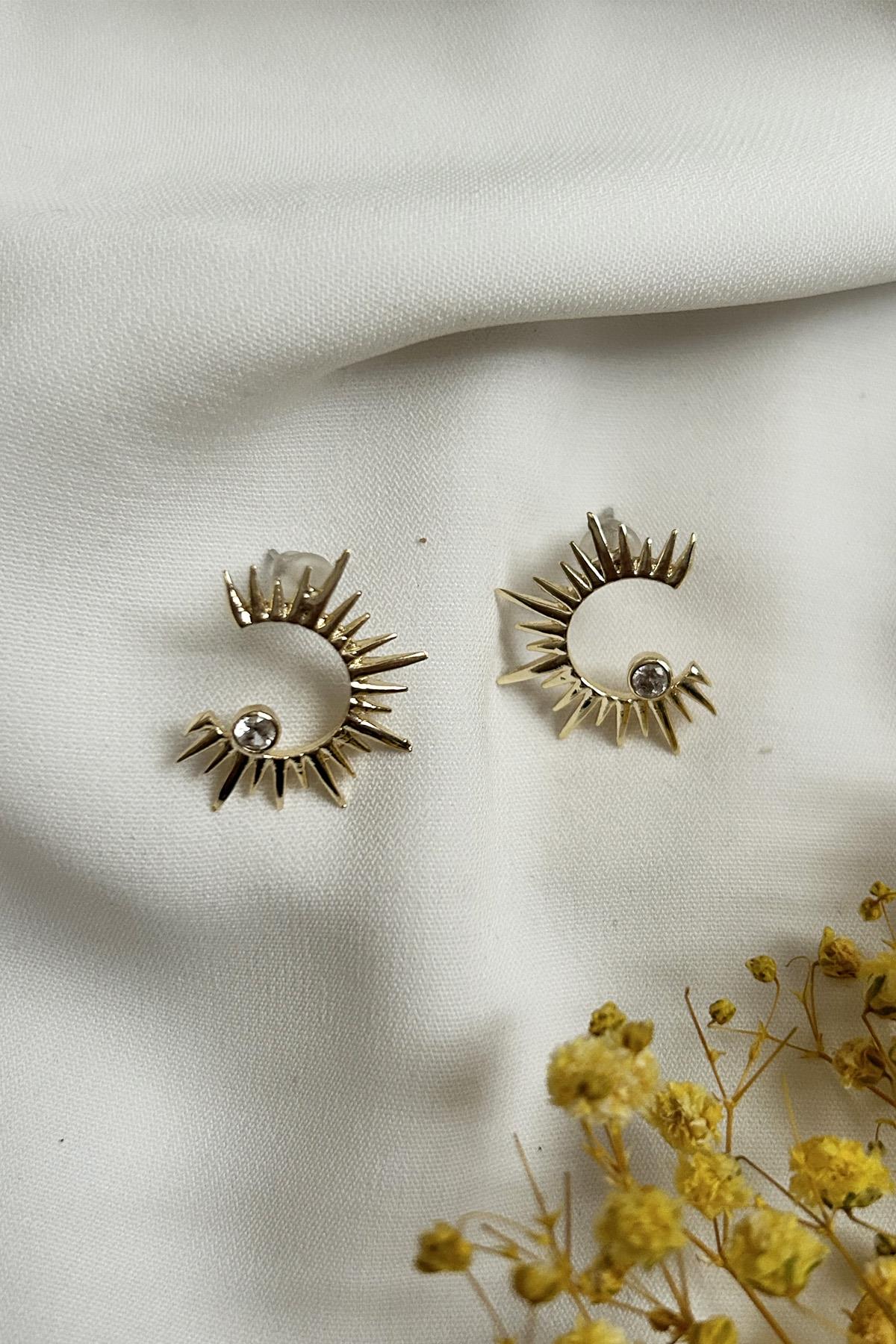 Gold Plated Serrated Half Sun Earrings