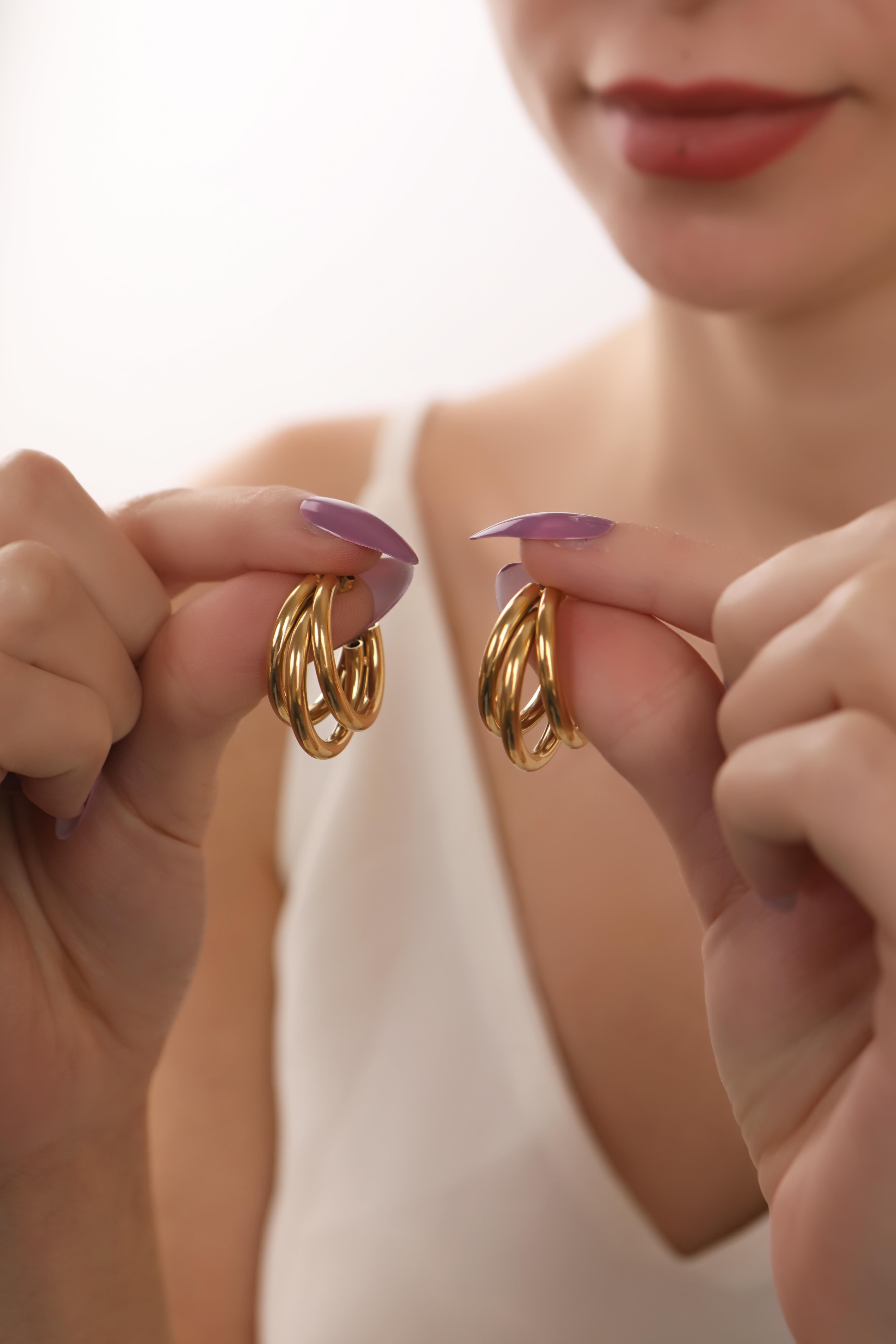 Gold Plated Three Row Steel Hoop Earrings