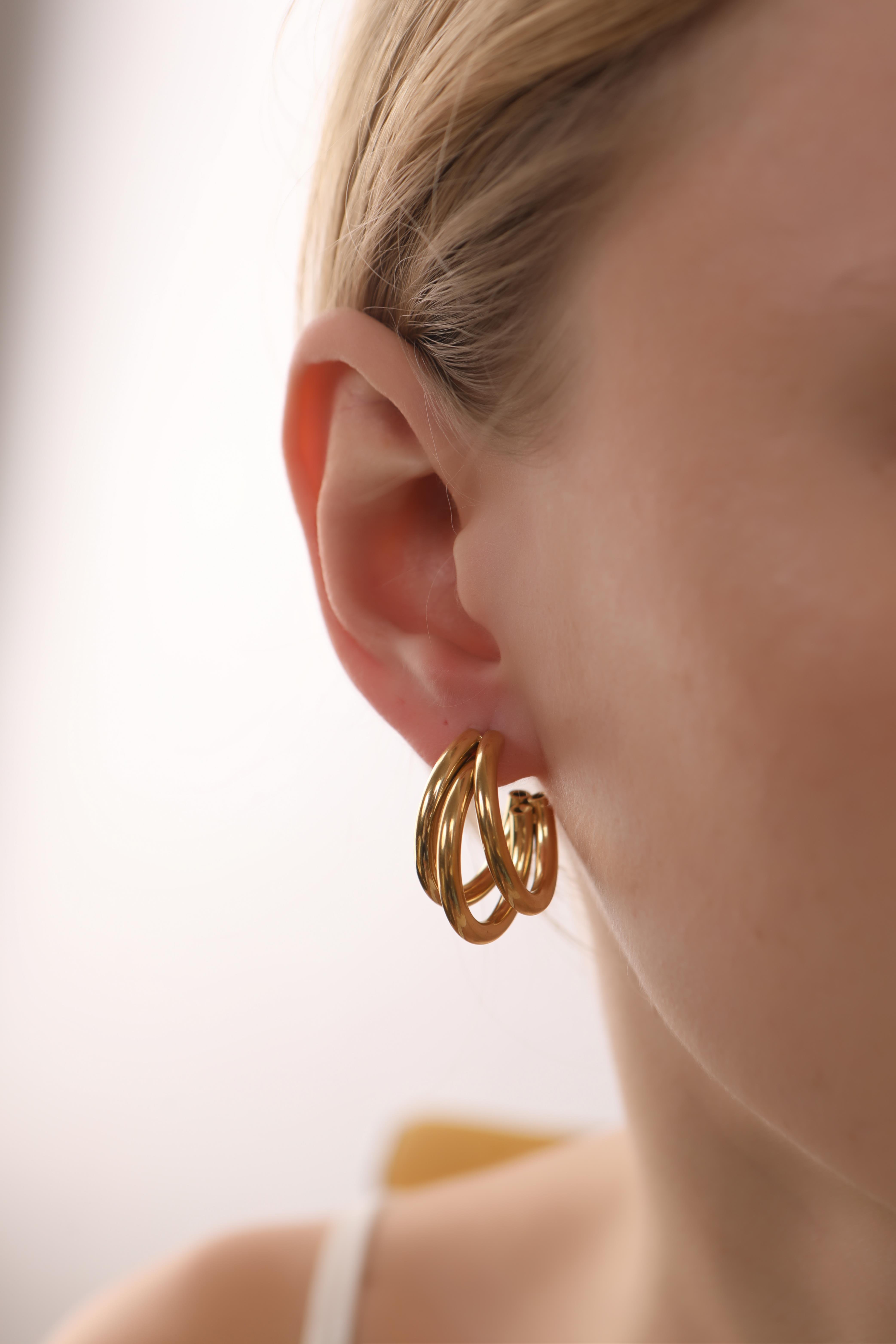 Gold Plated Three Row Steel Hoop Earrings