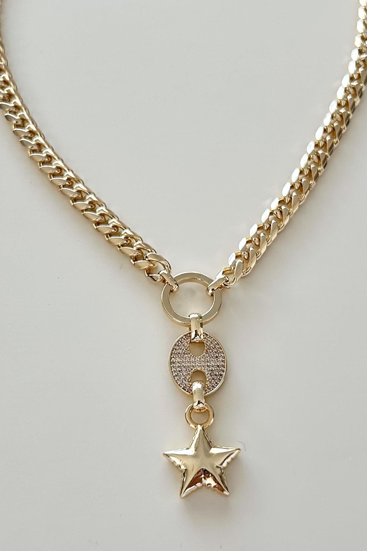 Altın Kaplama Vip Gömme Taşlı Yıldız Uçlu Zincir Kolye