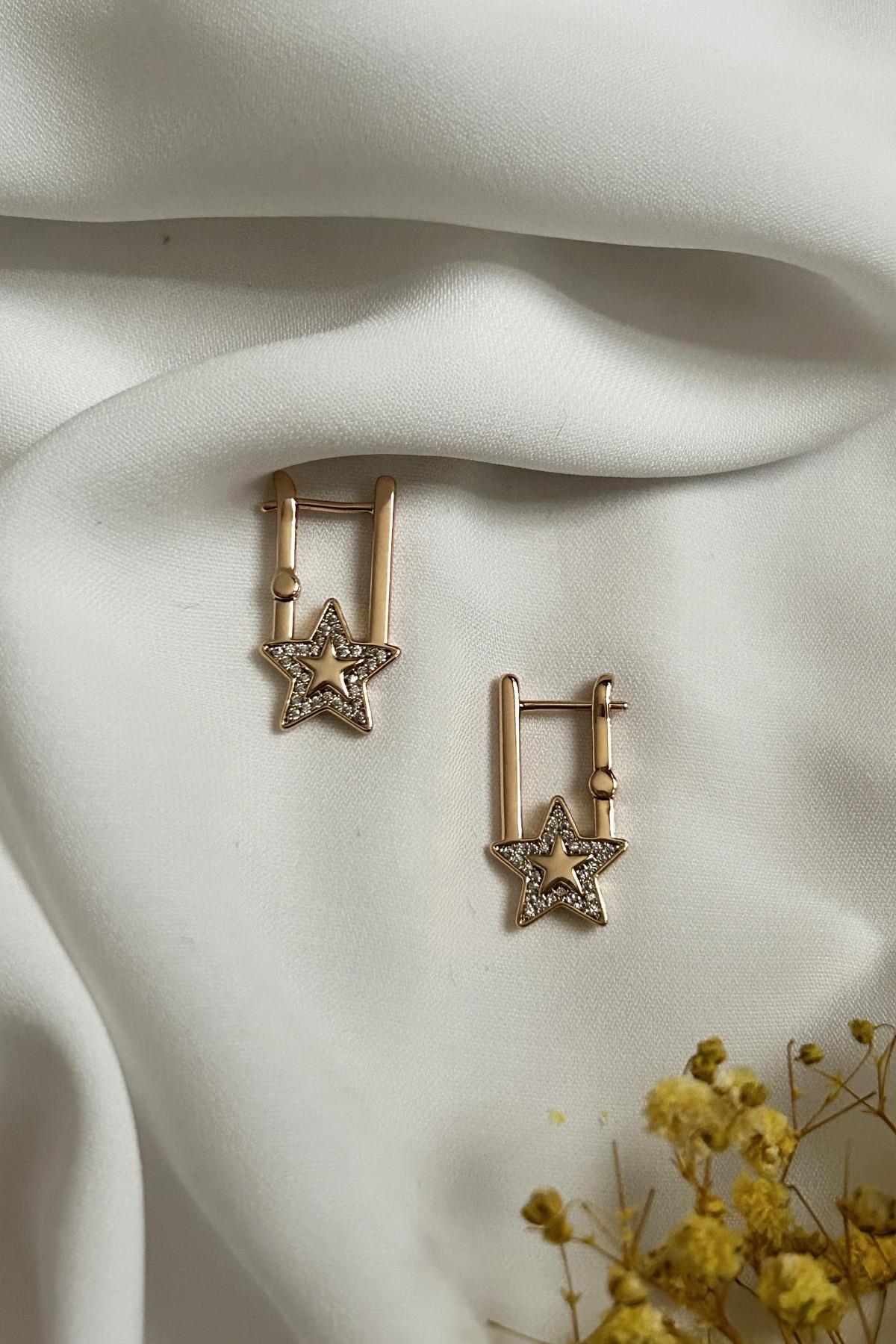 Gold Plated Rectangular Star Earrings with Zircon Stones