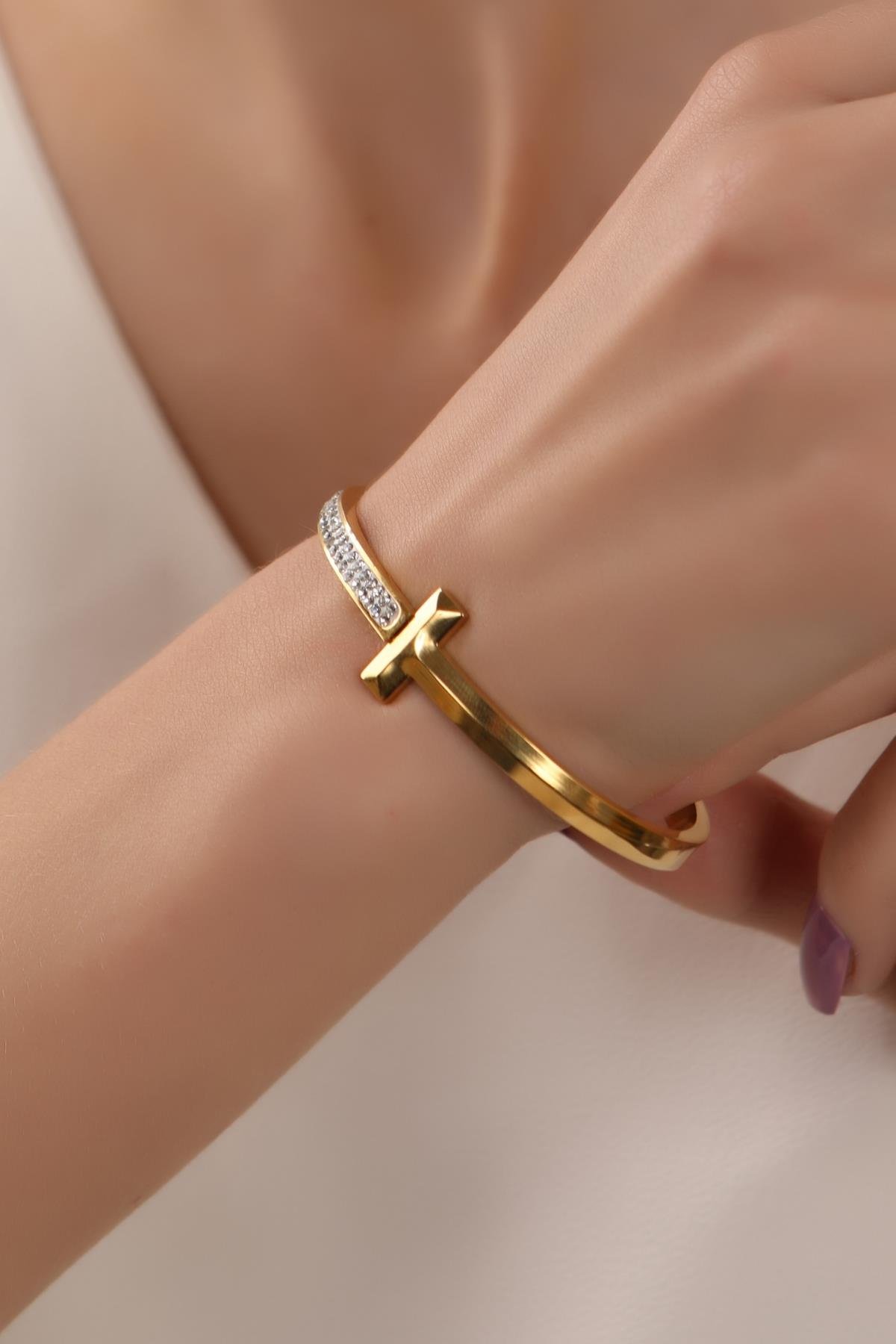 Gold Plated Brand Cuff Bracelet with Zircon Stone