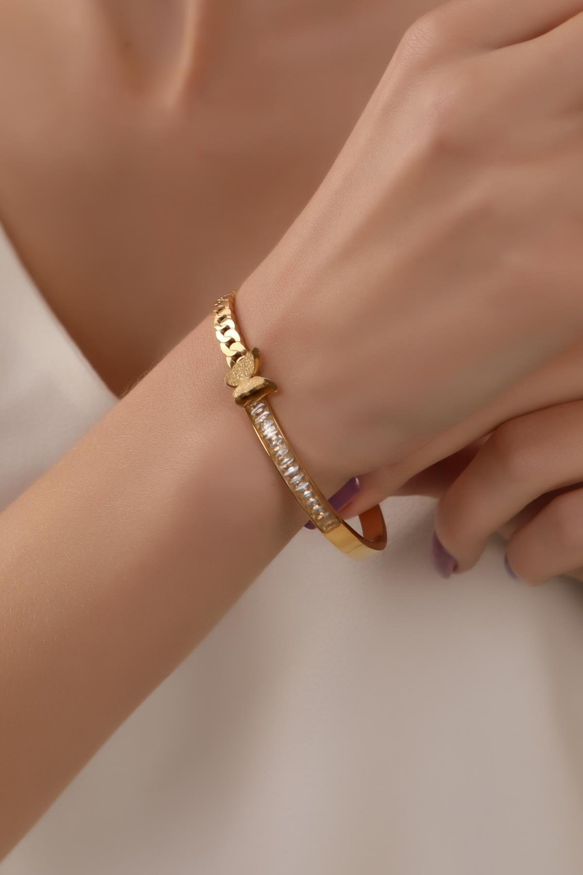 Altın Kaplama Zirkon Taşlı Örgü Model Çelik Kelepçe Bilezik