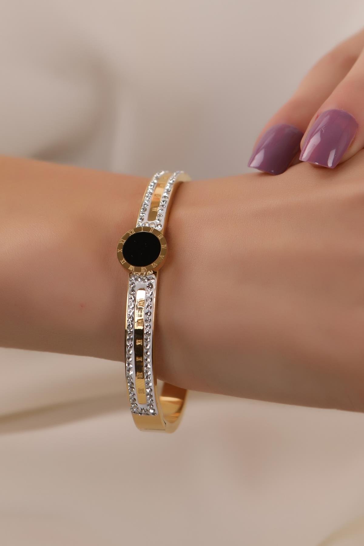 Altın Kaplama Zirkon Taşlı Siyah Plaka Çelik Bilezik