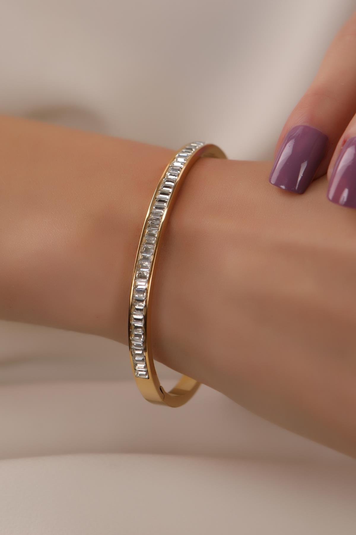 Altın Kaplama Zirkon Taşlı Su Yolu Çelik Kelepçe Bilezik