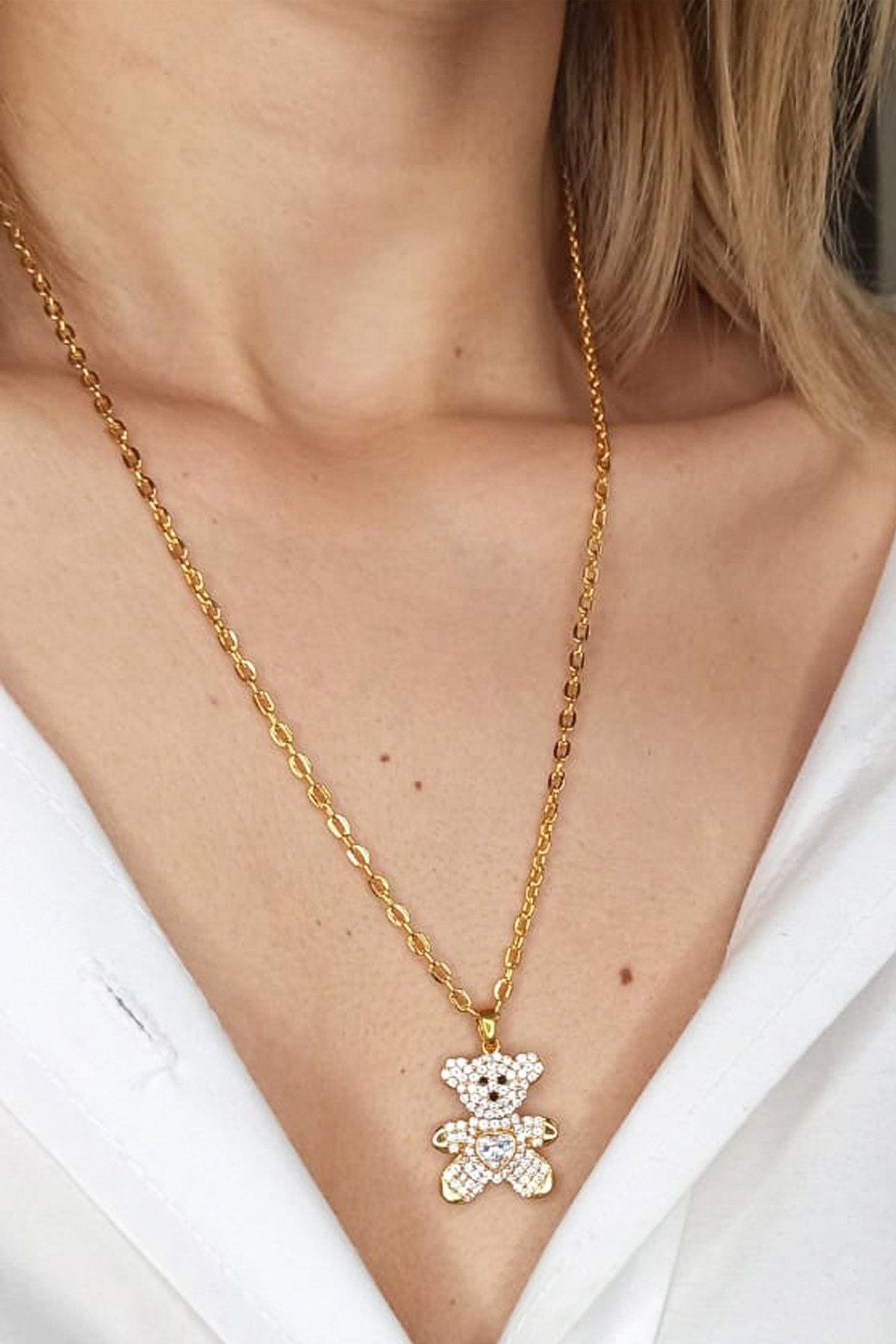 Altın Kaplama Zirkon Taşlı Teddy Bear Zincir Kolye