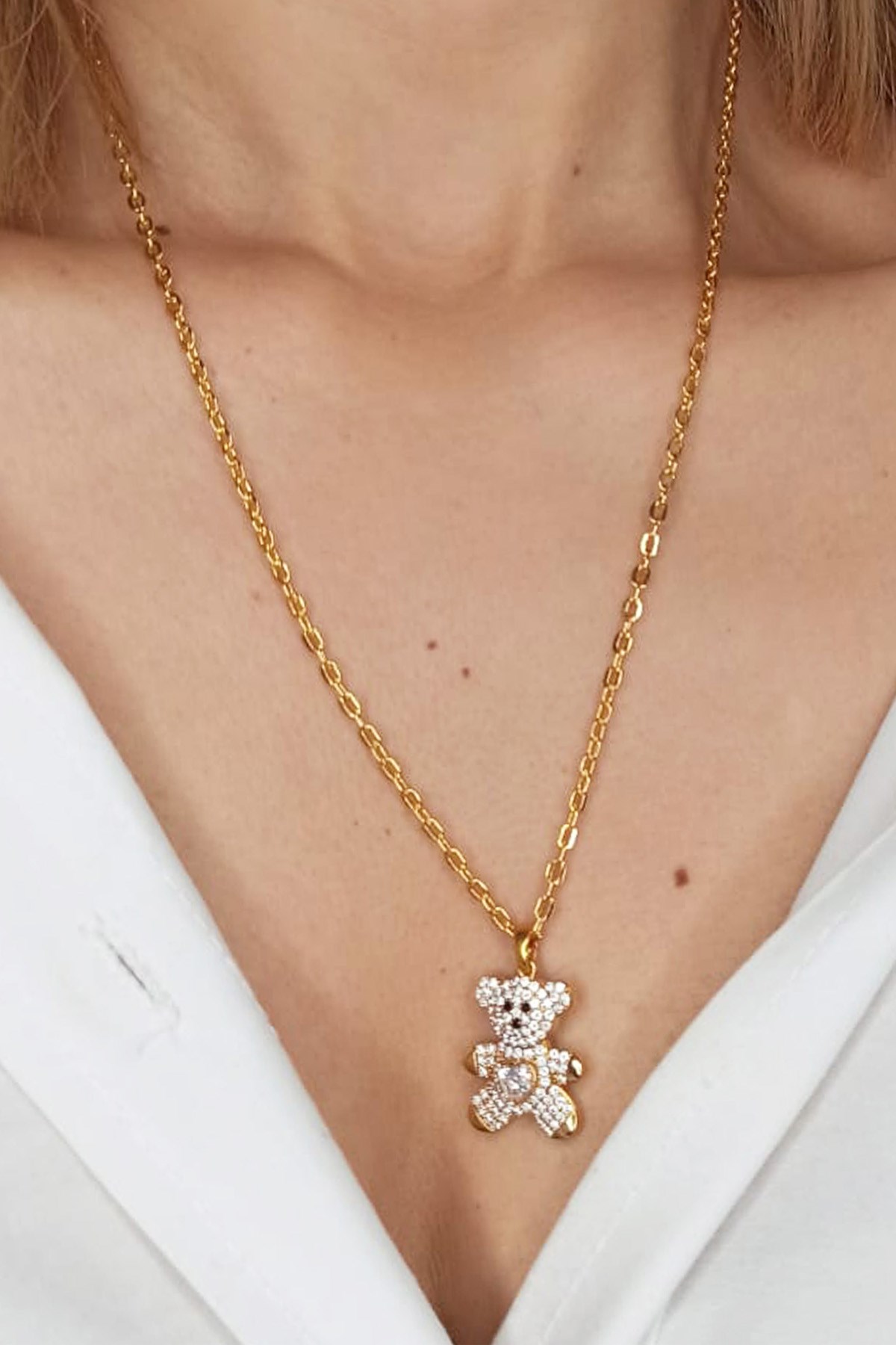 Altın Kaplama Zirkon Taşlı Teddy Bear Zincir Kolye