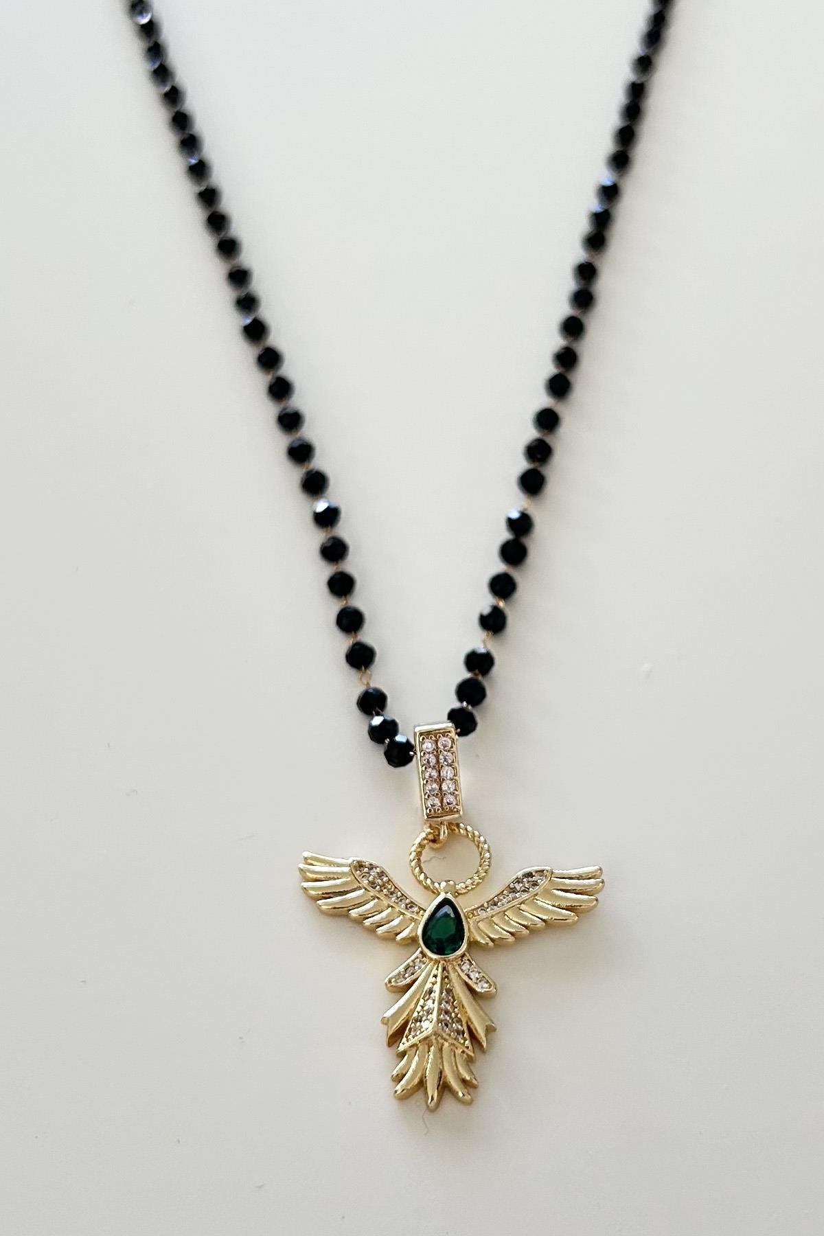 Siyah Boncuklu Anka Kuşu Kolye