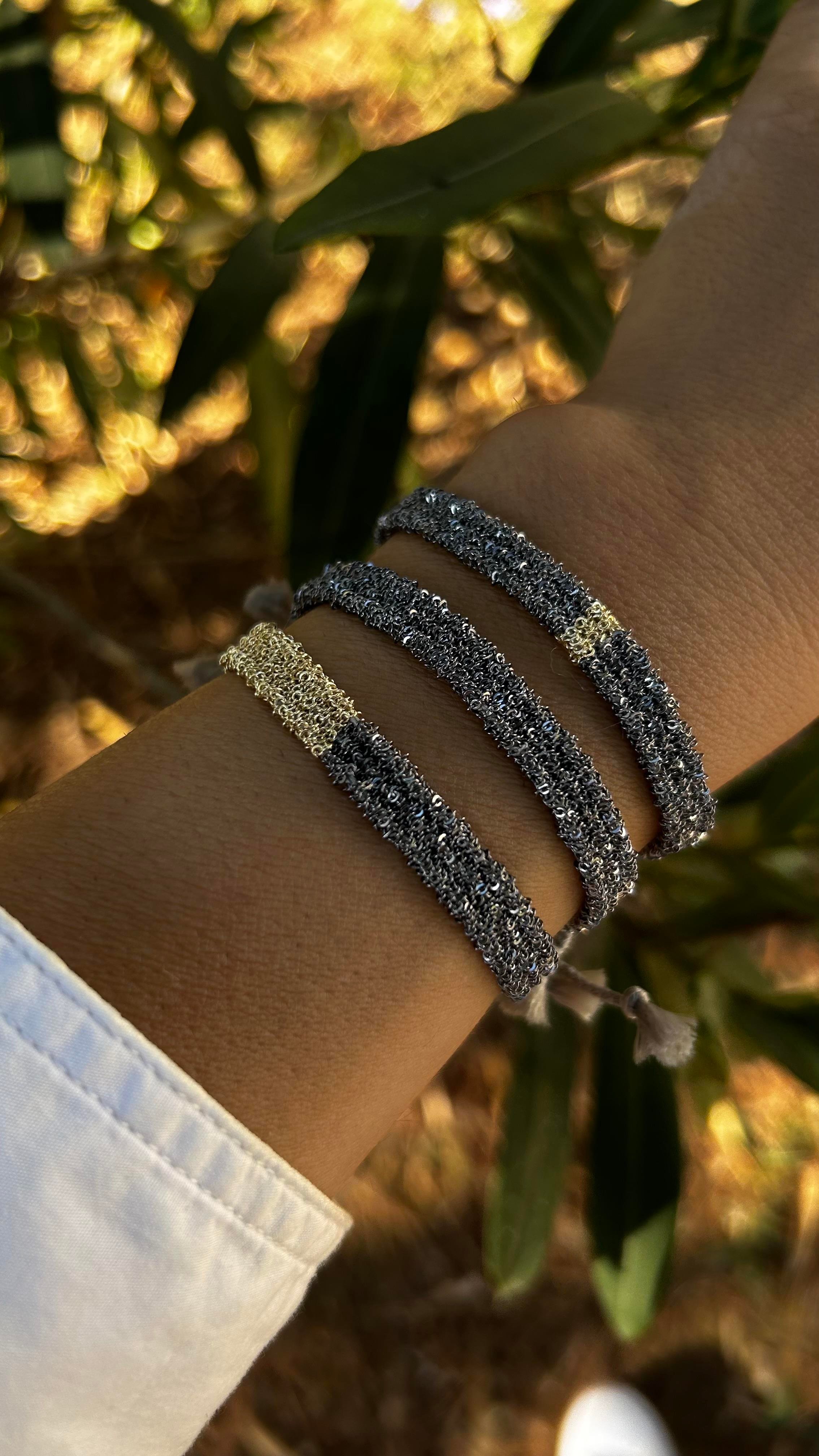 El Emeği Unisex Füme Gold Renk Detaylı Dokuma Zincir Bileklik İkili Kombin