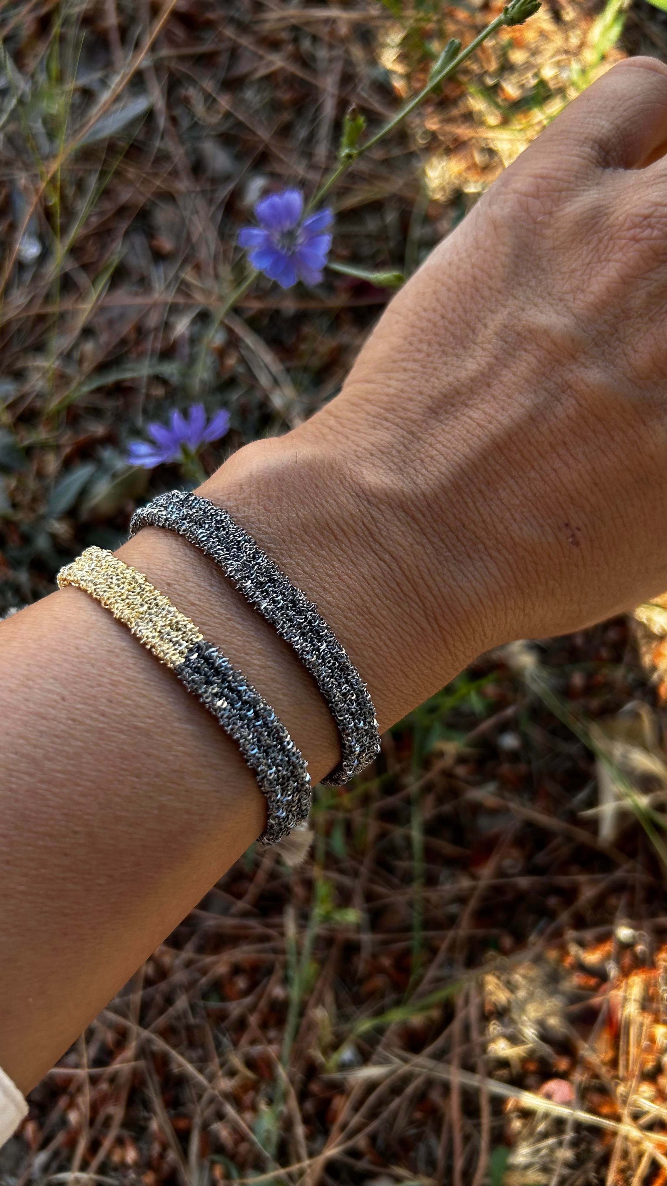 El Emeği Unisex Füme Gold Renk Detaylı Dokuma Zincir Bileklik İkili Kombin