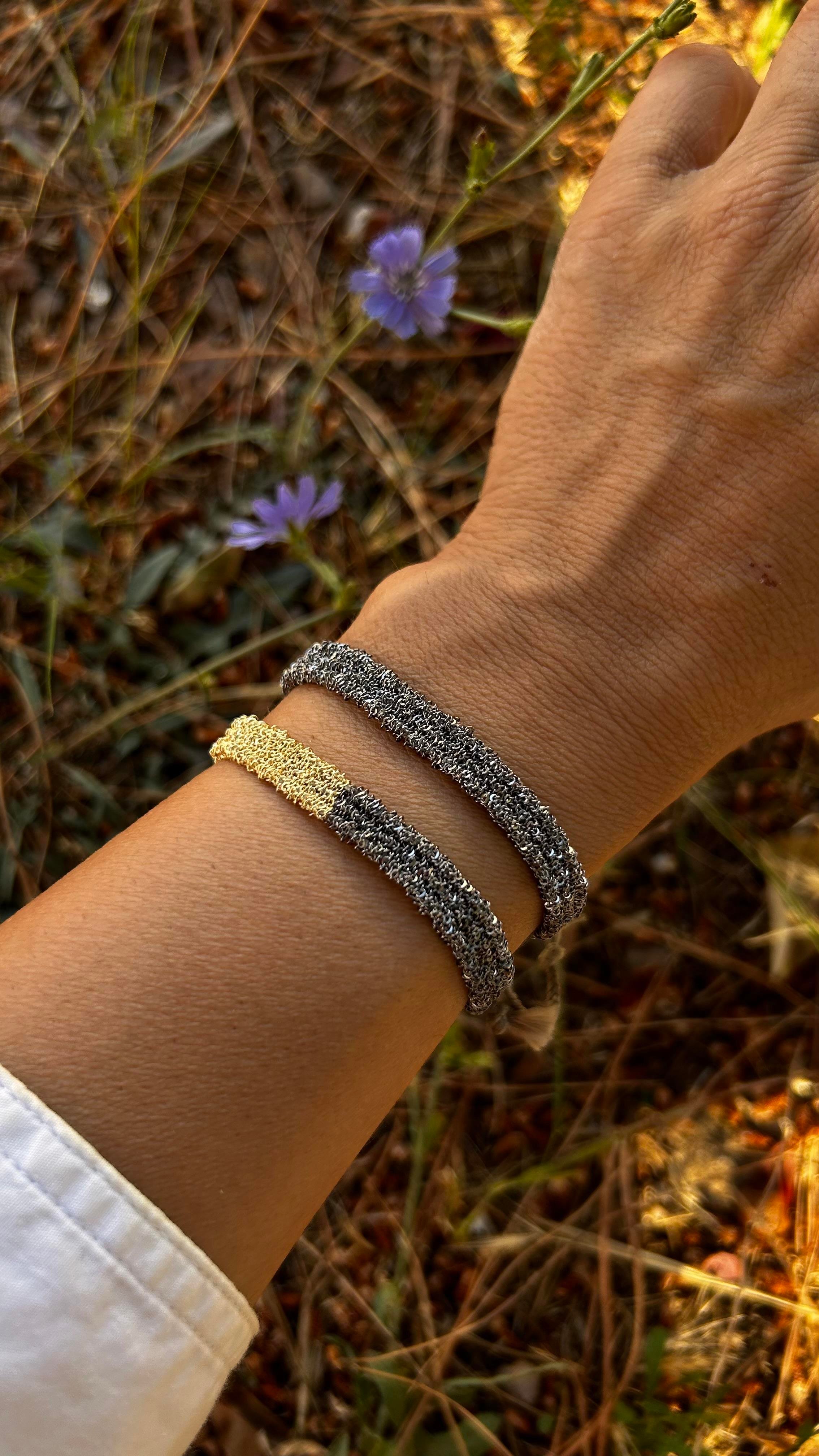 El Emeği Unisex Füme Gold Renk Detaylı Dokuma Zincir Bileklik İkili Kombin