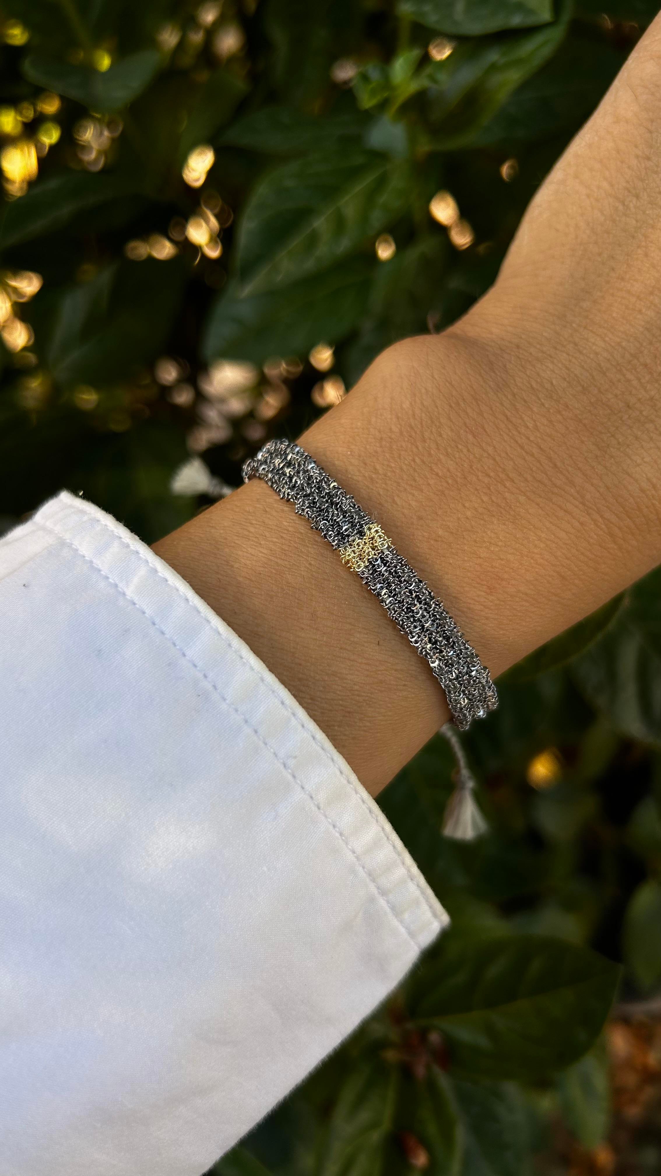 El Emeği Unisex Füme Renk Gold Detaylı Ayarlanabilir Dokuma Zincir Bileklik