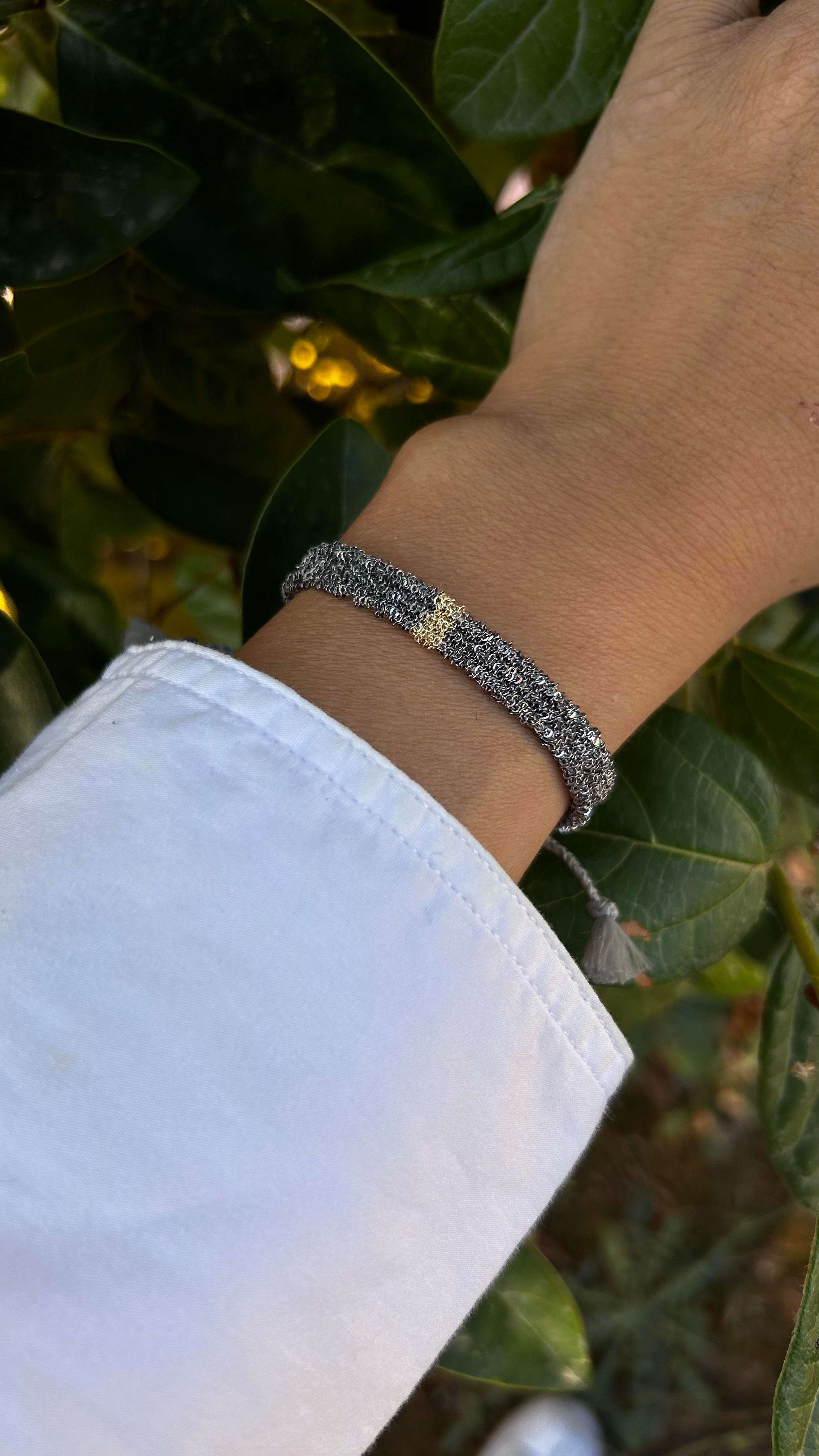 El Emeği Unisex Füme Renk Gold Detaylı Ayarlanabilir Dokuma Zincir Bileklik