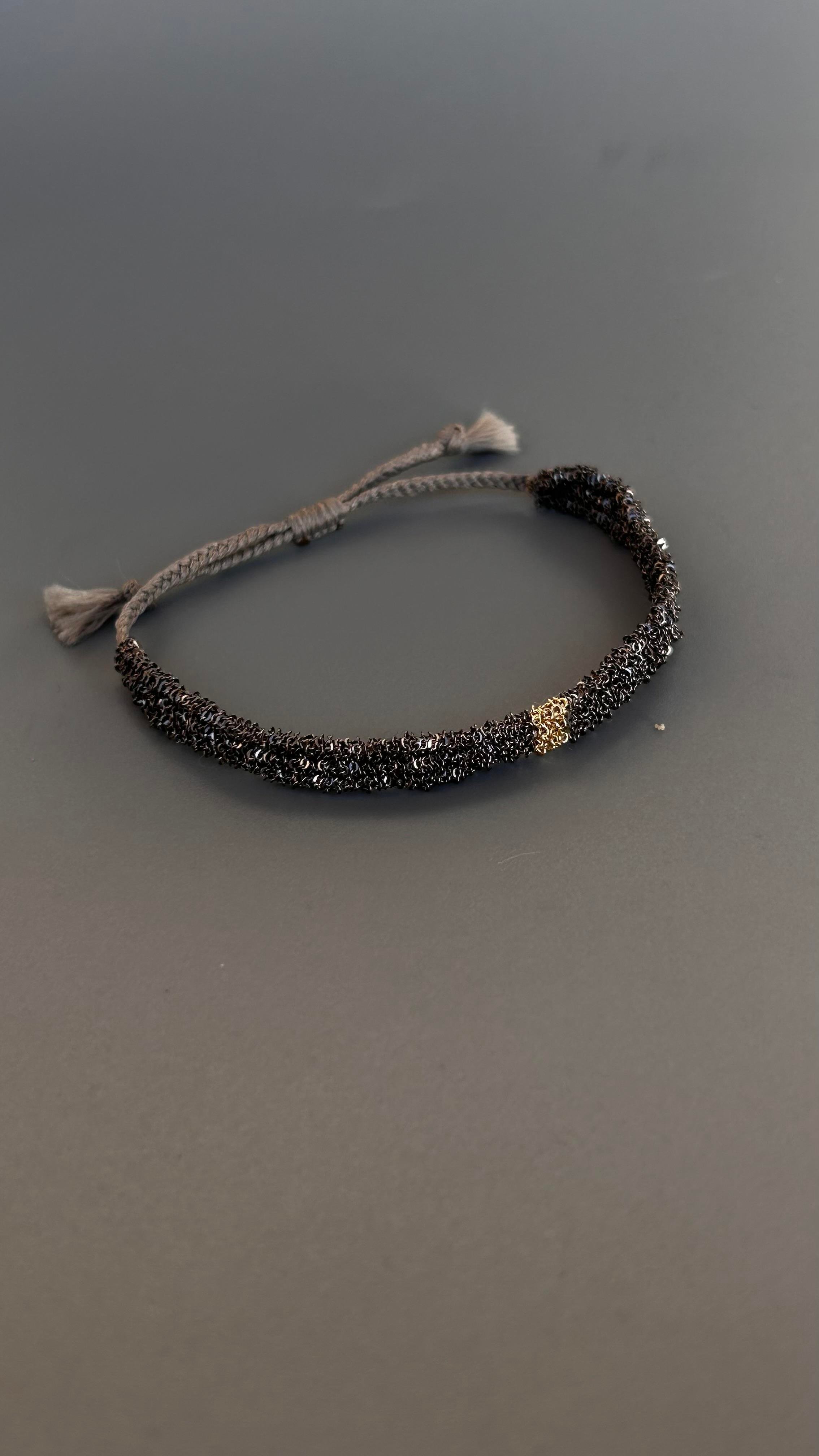 El Emeği Unisex Füme Renk Gold Detaylı Ayarlanabilir Dokuma Zincir Bileklik