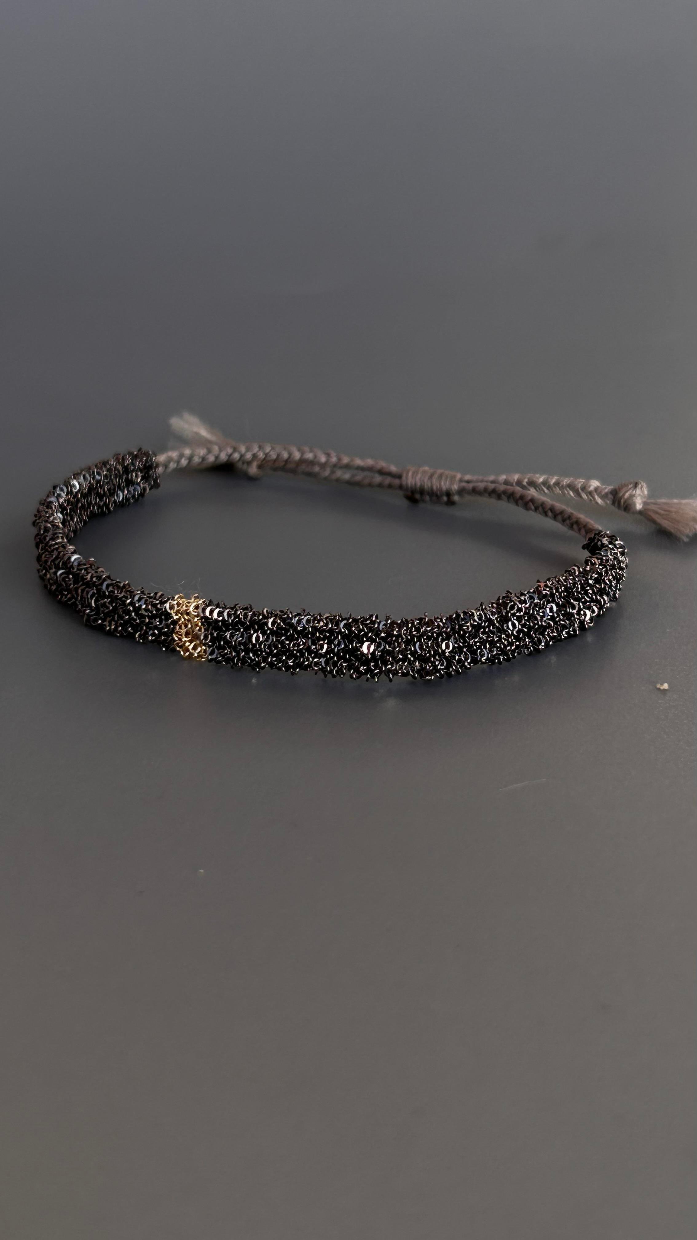 El Emeği Unisex Füme Renk Gold Detaylı Ayarlanabilir Dokuma Zincir Bileklik