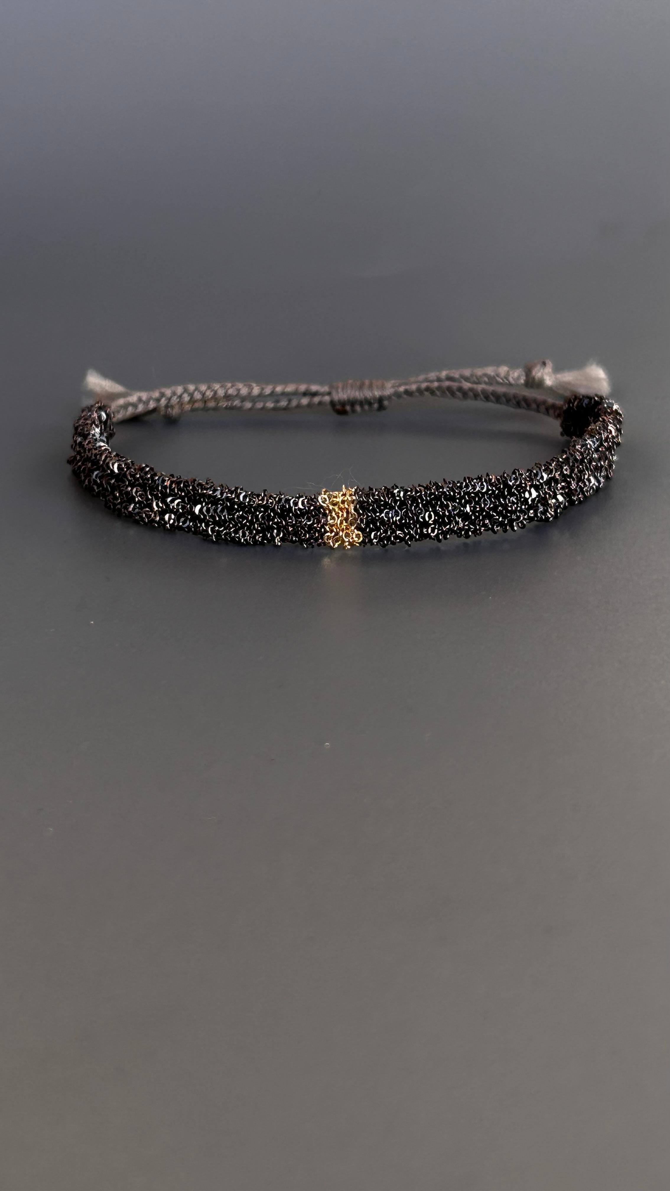 El Emeği Unisex Füme Renk Gold Detaylı Ayarlanabilir Dokuma Zincir Bileklik