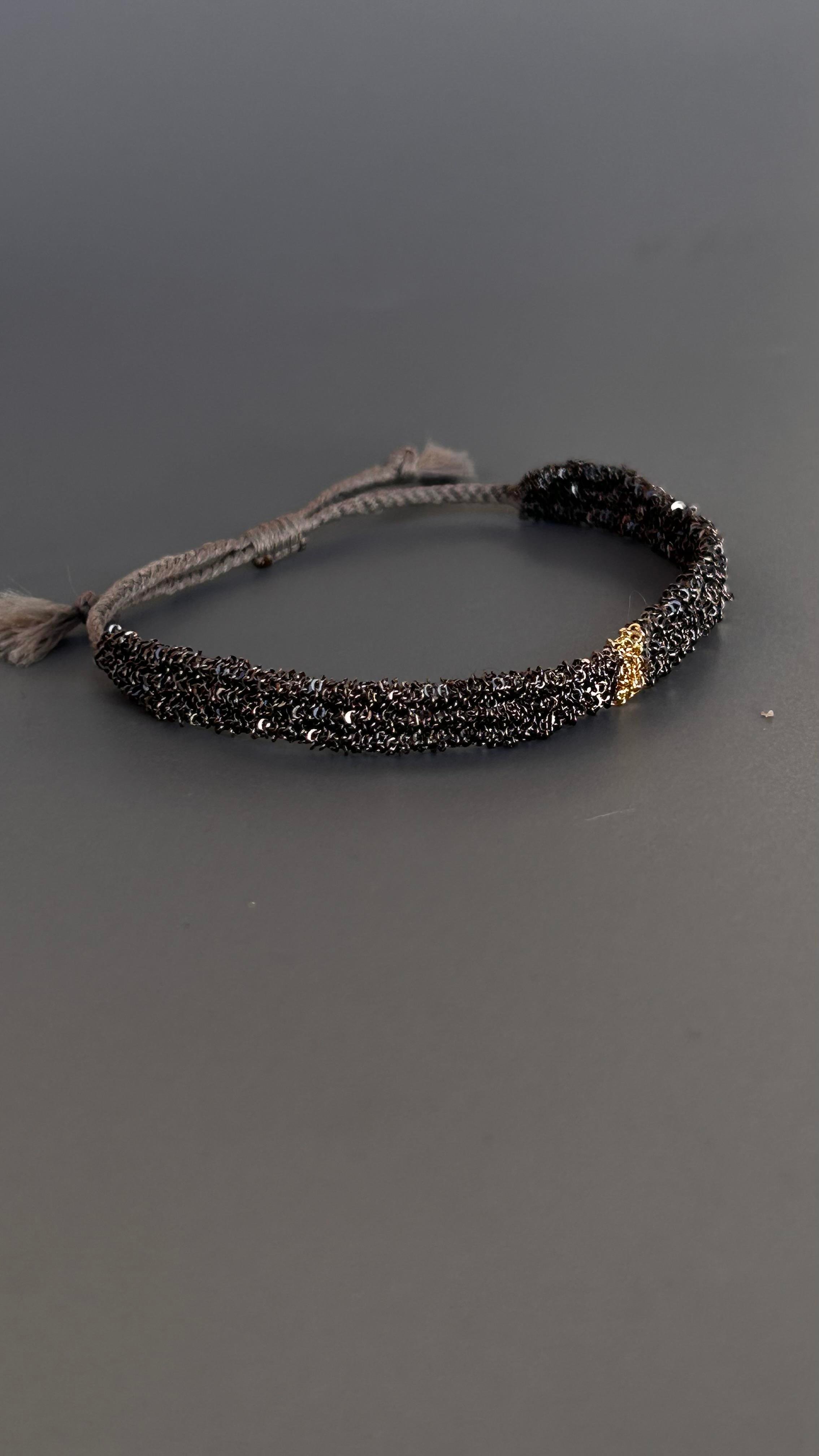 El Emeği Unisex Füme Renk Gold Detaylı Ayarlanabilir Dokuma Zincir Bileklik