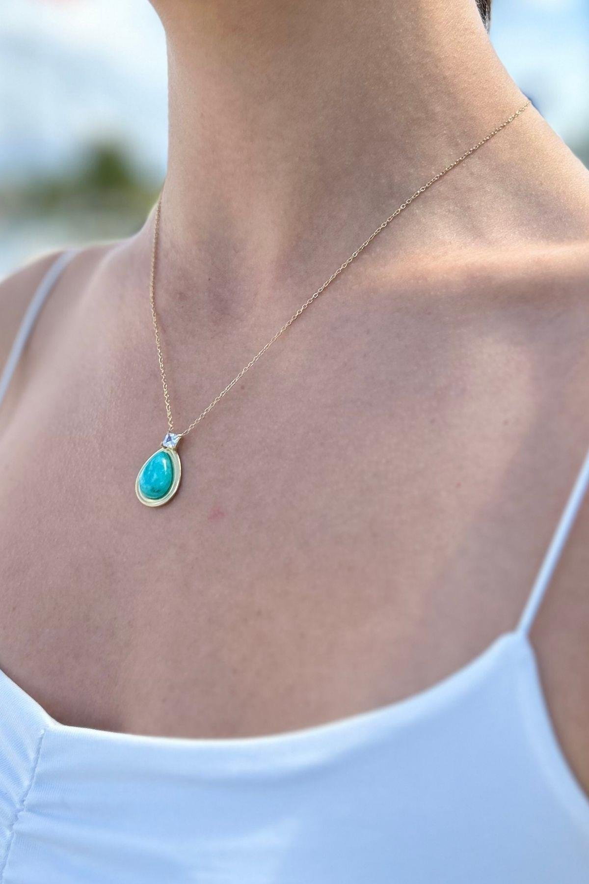 Firuze Taşlı Çelik Kolye