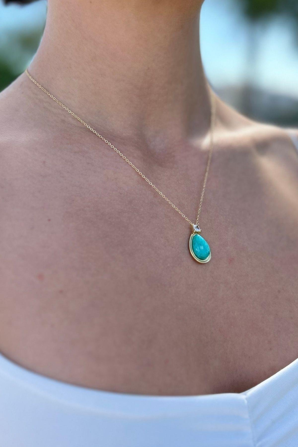 Firuze Taşlı Çelik Kolye