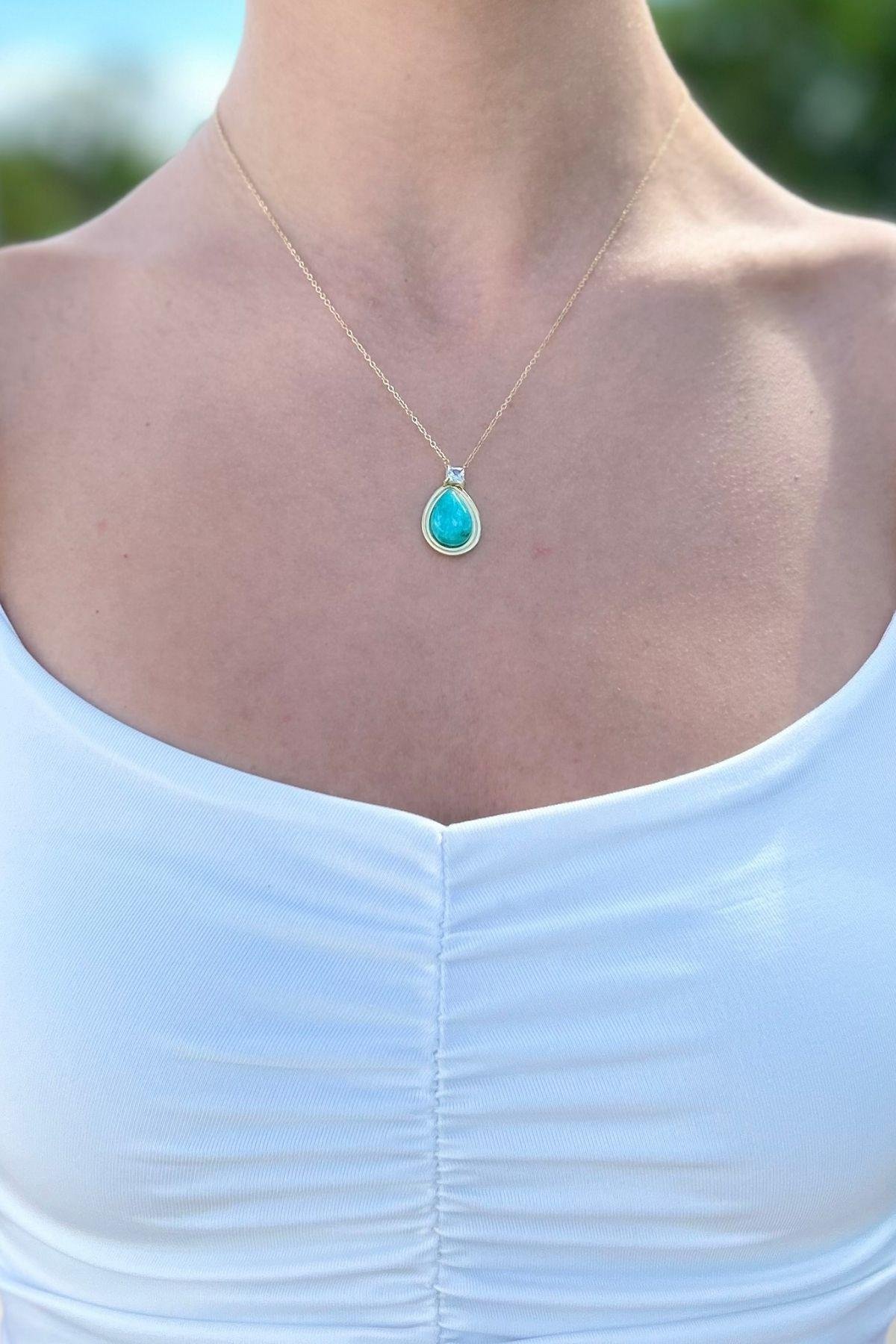 Firuze Taşlı Çelik Kolye