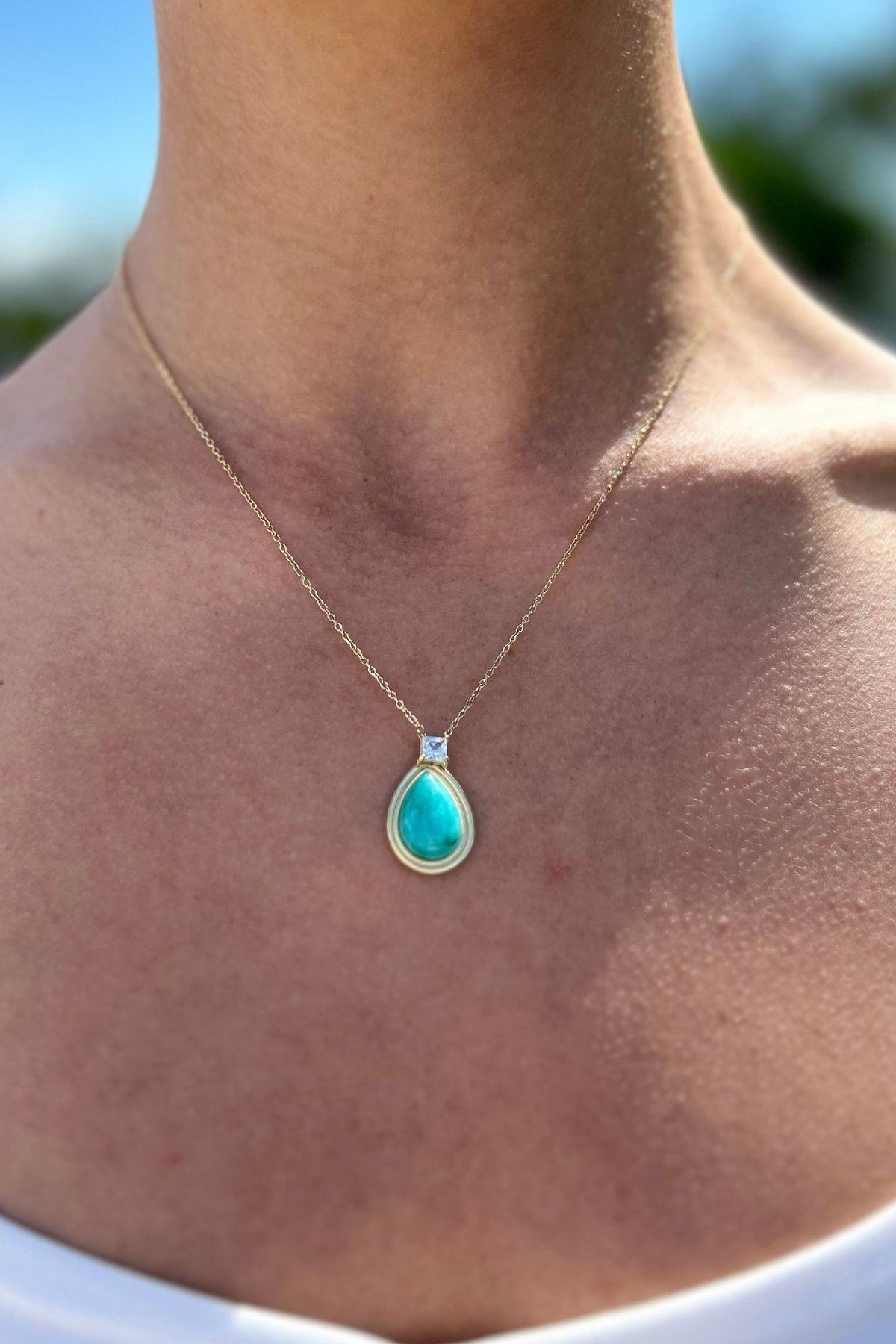 Firuze Taşlı Çelik Kolye