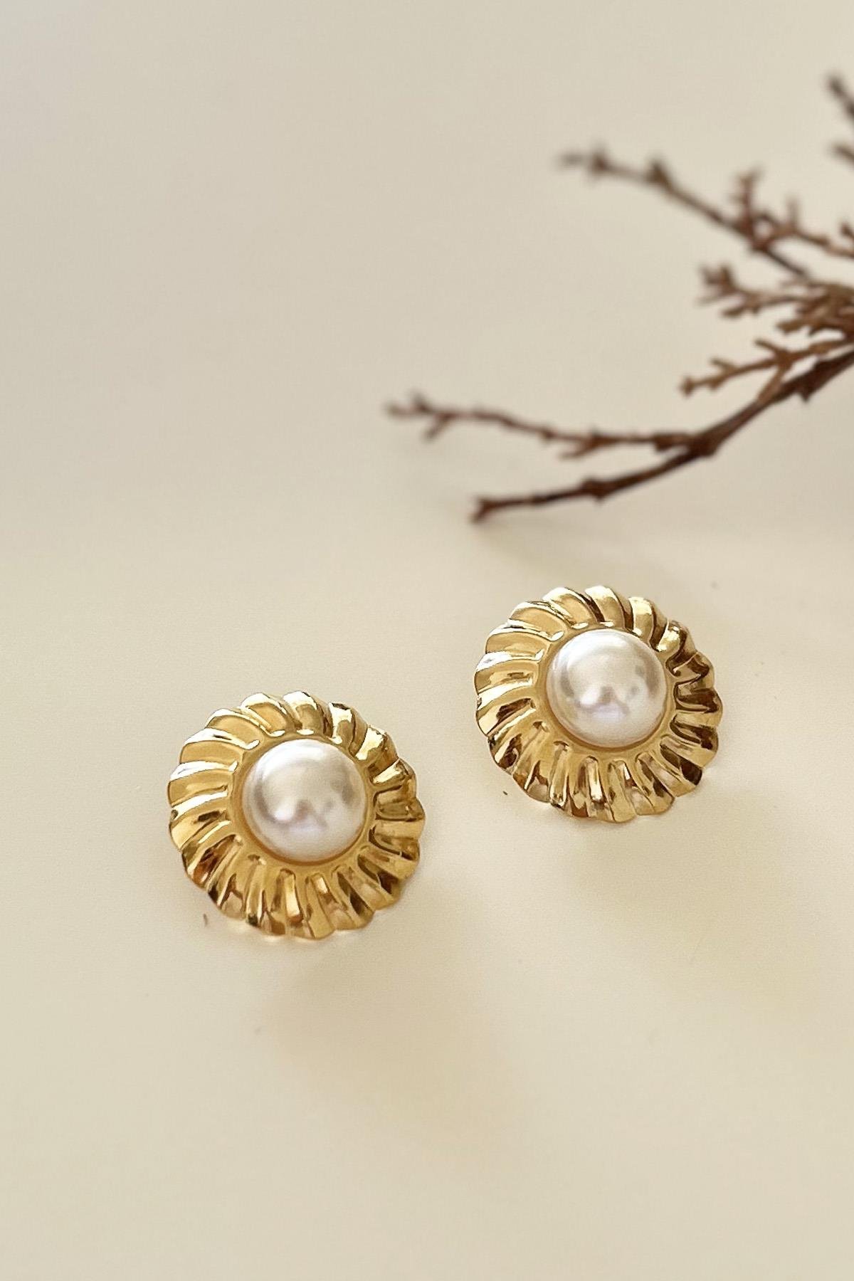 Gold Plaka İnci Küpe