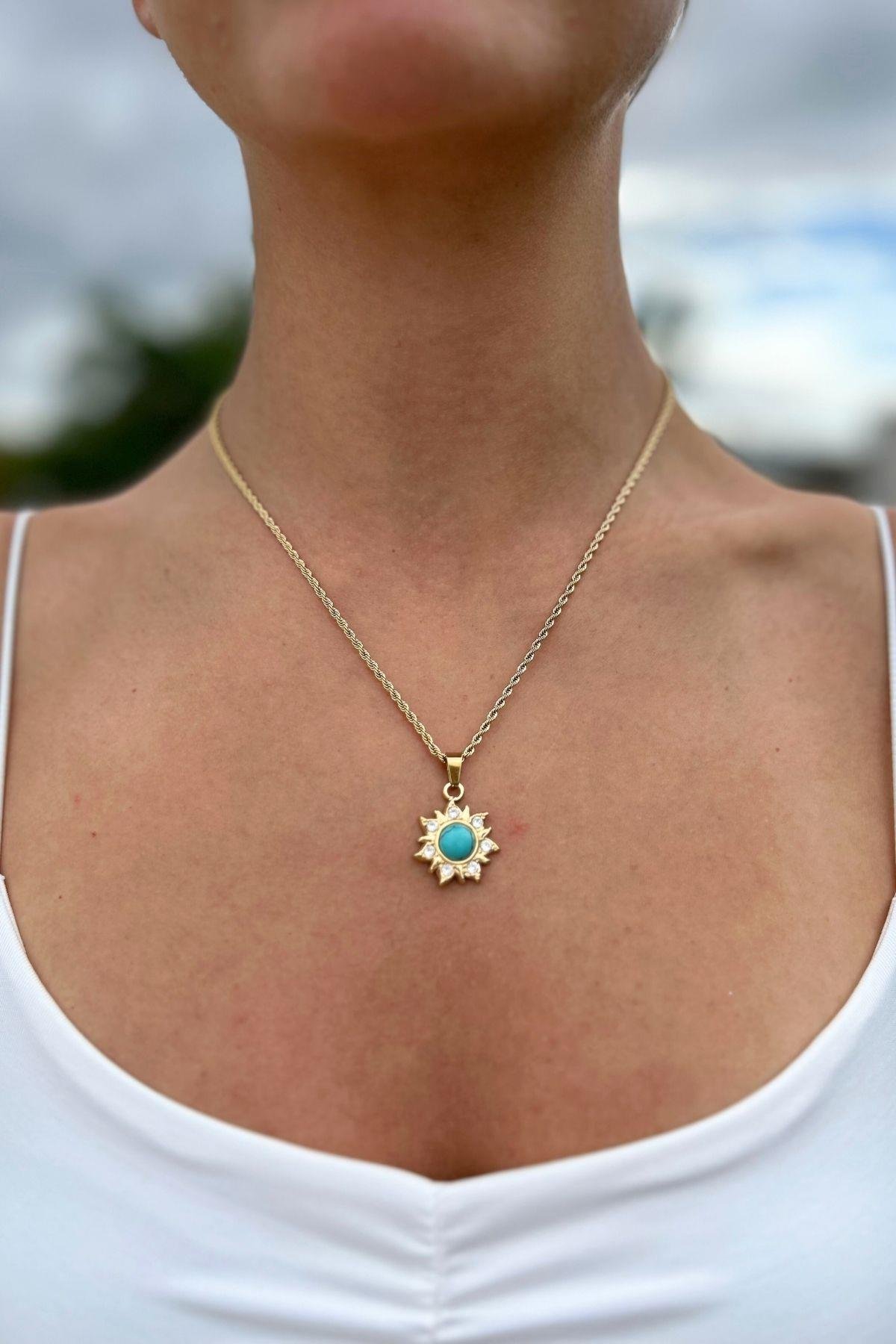 Güneş Detaylı Turkuaz Taşlı Çelik Kolye
