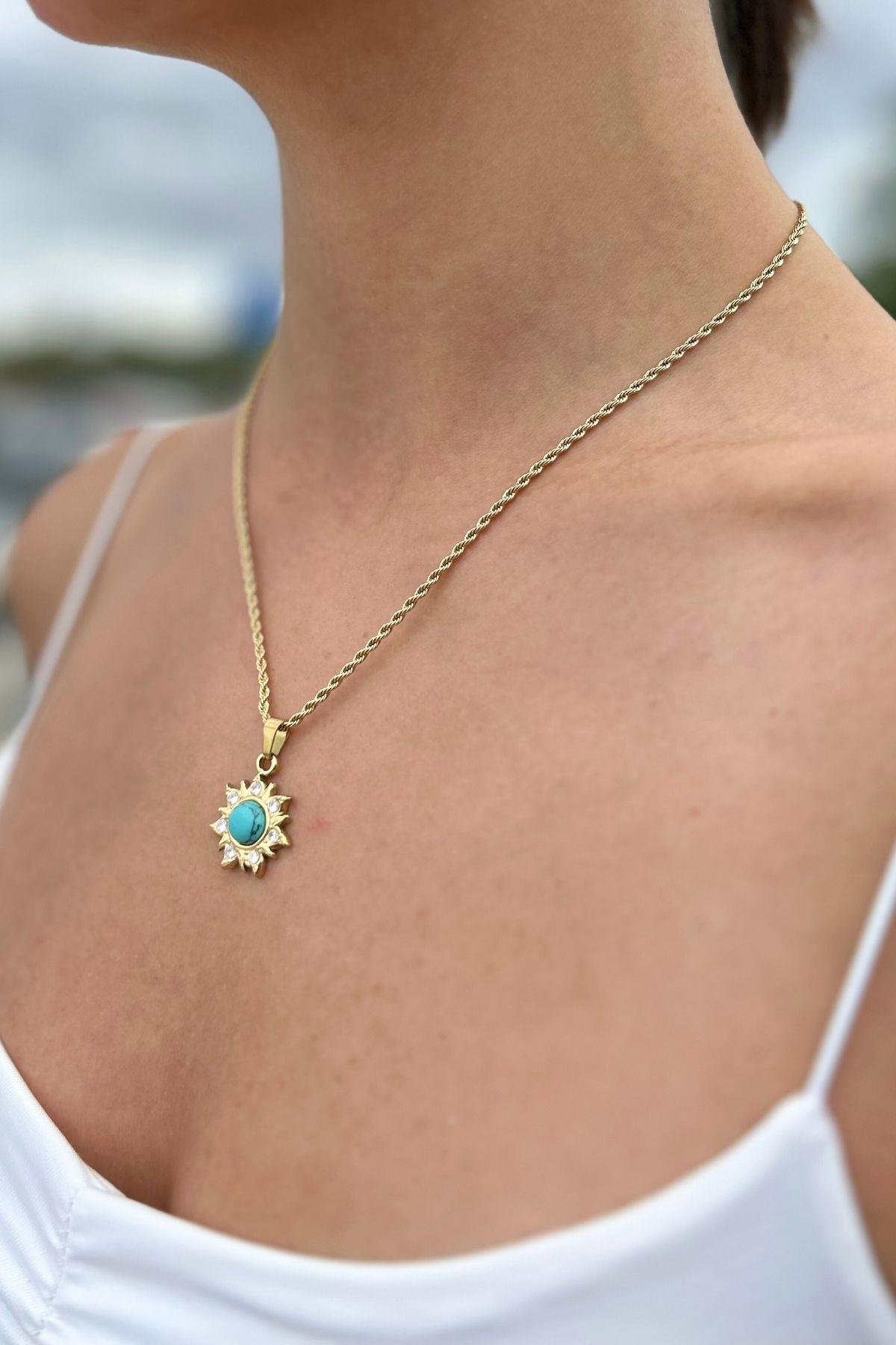 Güneş Detaylı Turkuaz Taşlı Çelik Kolye