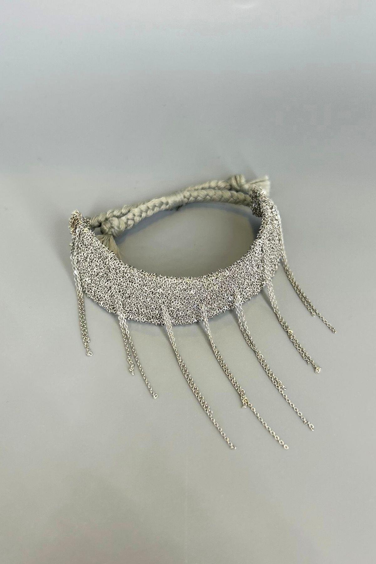 Handmade Dokuma Gümüş Renk Kalın Zincir Bileklik