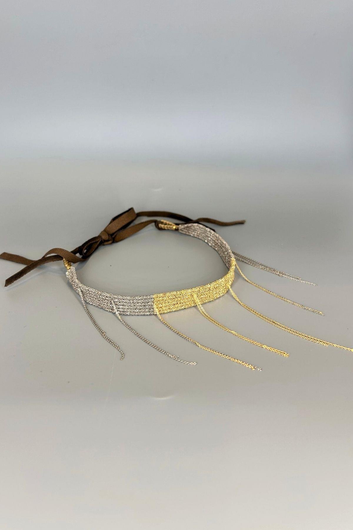 Handmade Dokuma Gold Gümüş Renk Zincir Tasarım Kolye