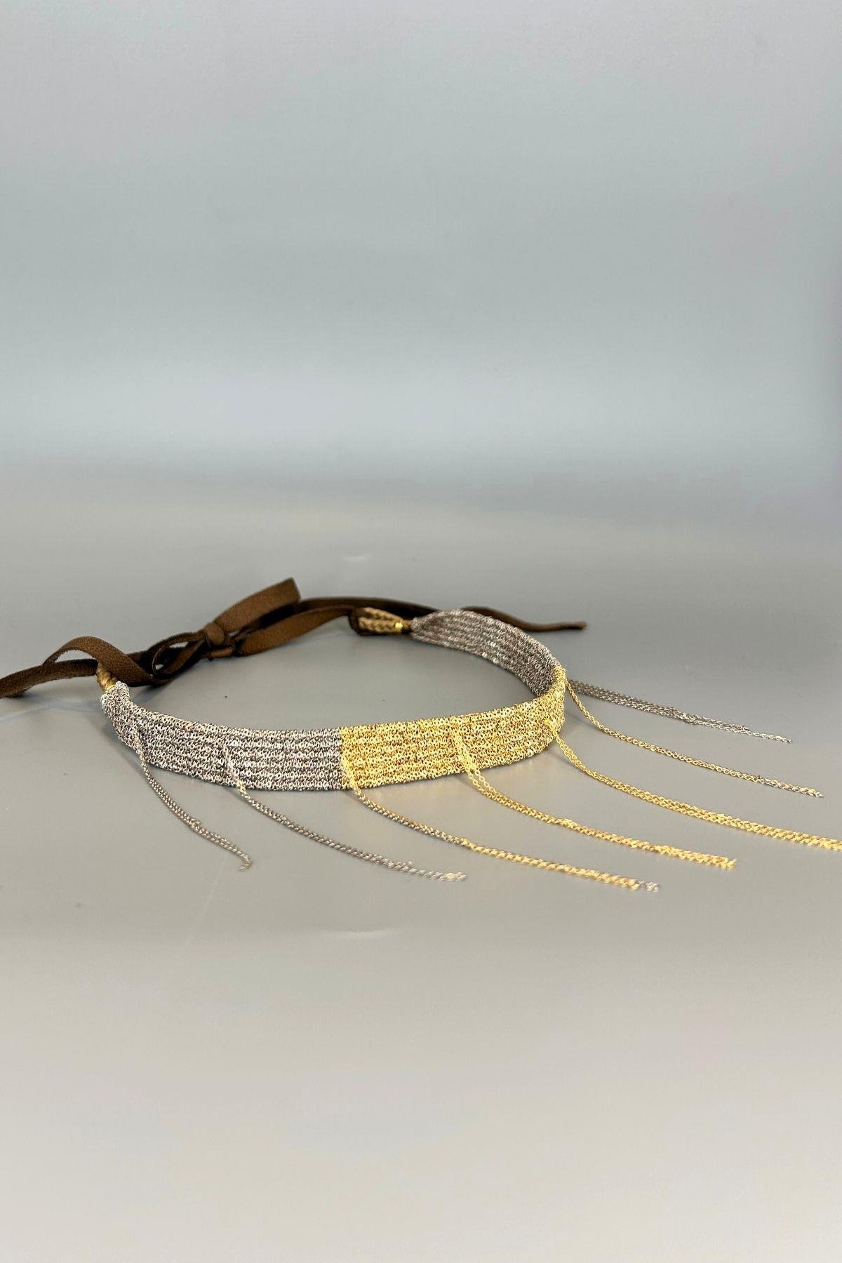 Handmade Dokuma Gold Gümüş Renk Zincir Tasarım Kolye