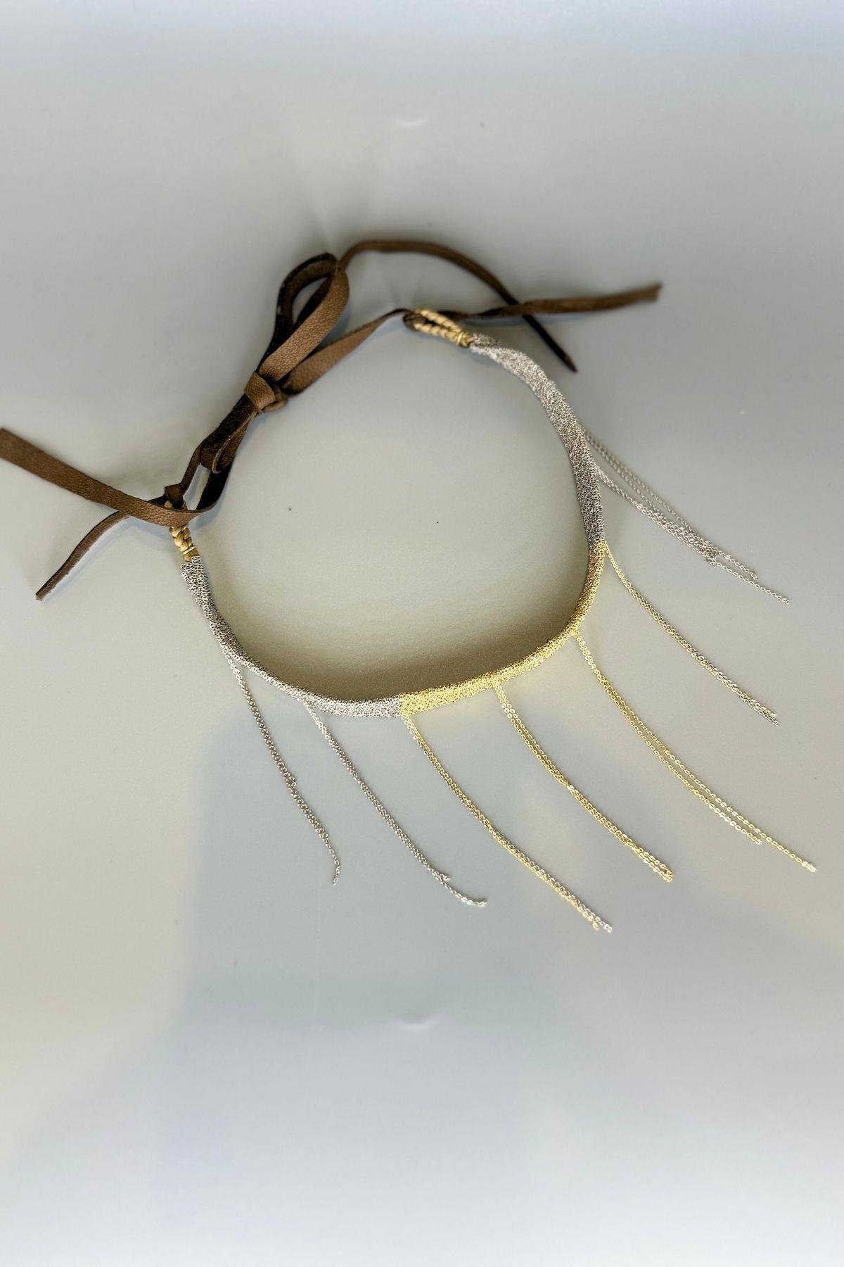 Handmade Dokuma Gold Gümüş Renk Zincir Tasarım Kolye