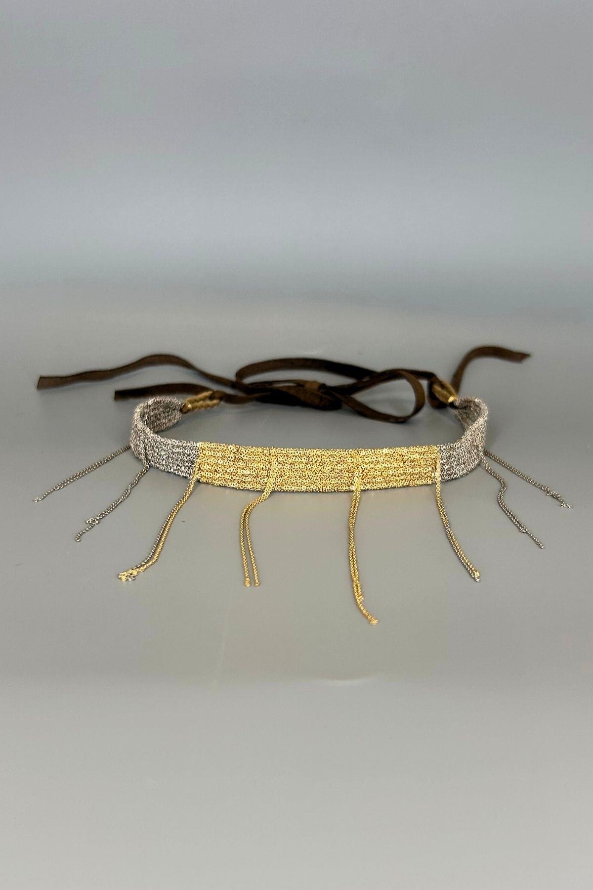 Handmade Dokuma Gold Gümüş Renk Zincir Tasarım Kolye