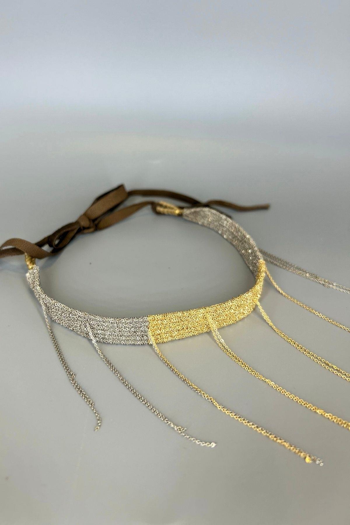 Handmade Dokuma Gold Gümüş Renk Zincir Tasarım Kolye