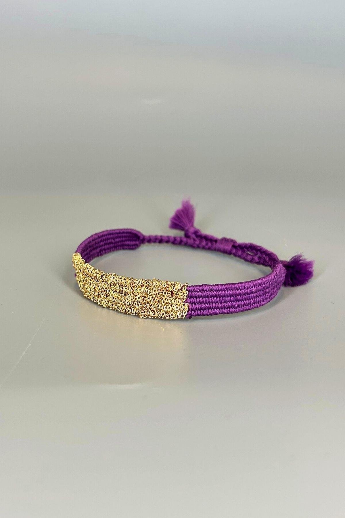 Handmade Dokuma İp ve Zincir Dokuma Mor Bilezik