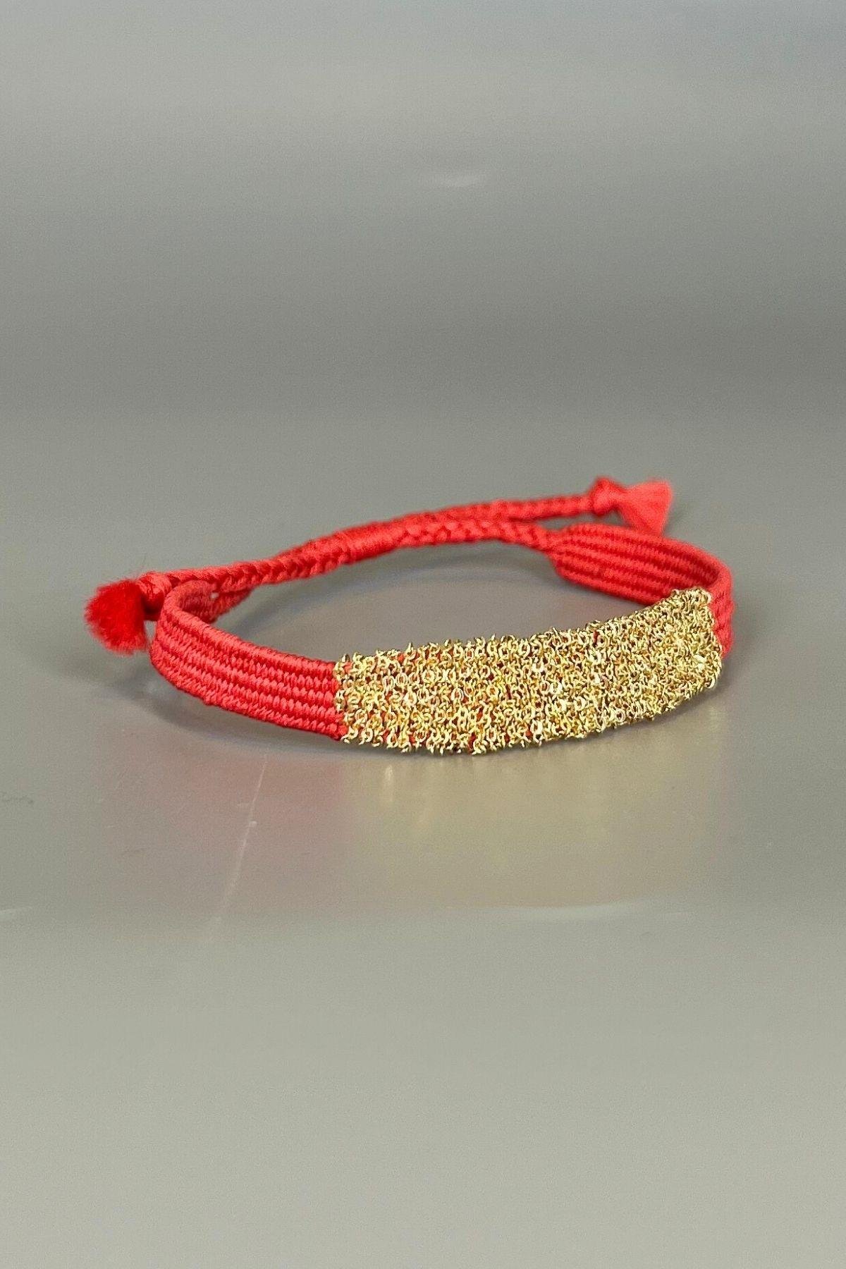 Handmade Dokuma İp ve Zincir Dokuma Nar Çiçeği Bilezik