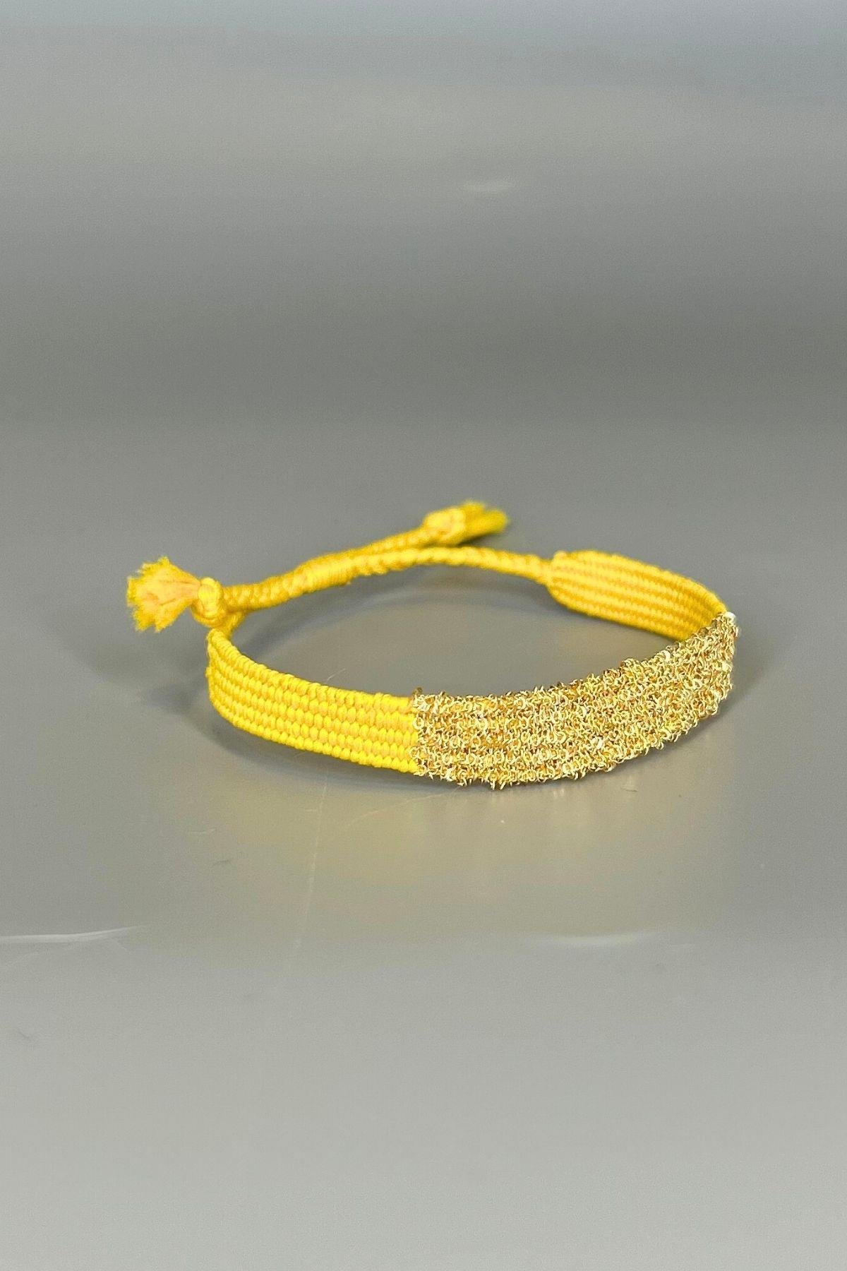 Handmade Dokuma İp ve Zincir Dokuma Sarı Bilezik