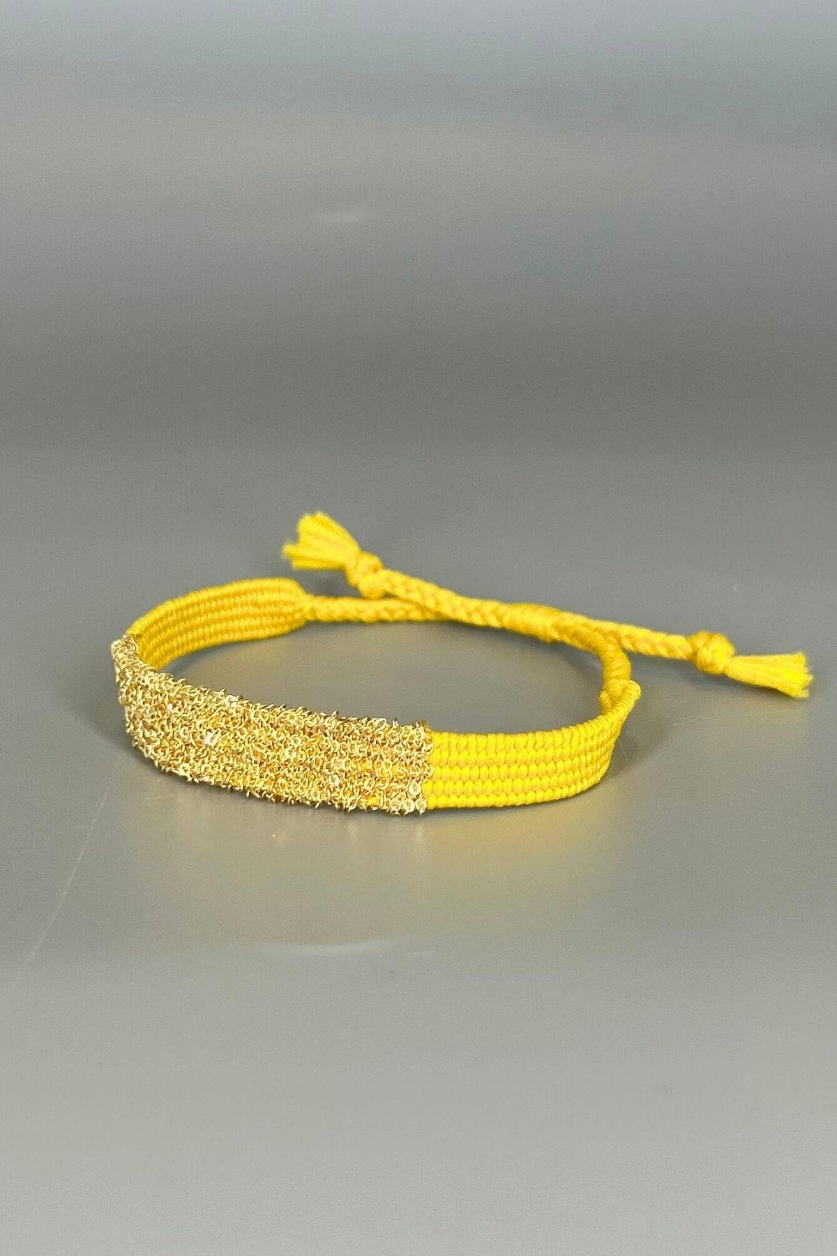 Handmade Dokuma İp ve Zincir Dokuma Sarı Bilezik
