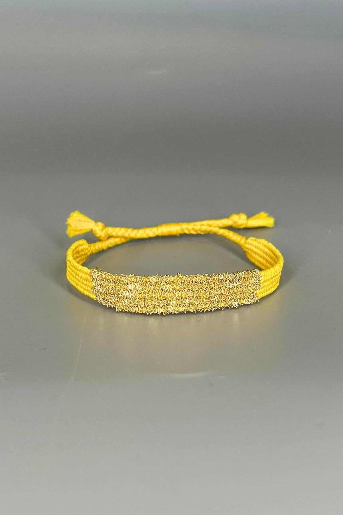 Handmade Dokuma İp ve Zincir Dokuma Sarı Bilezik