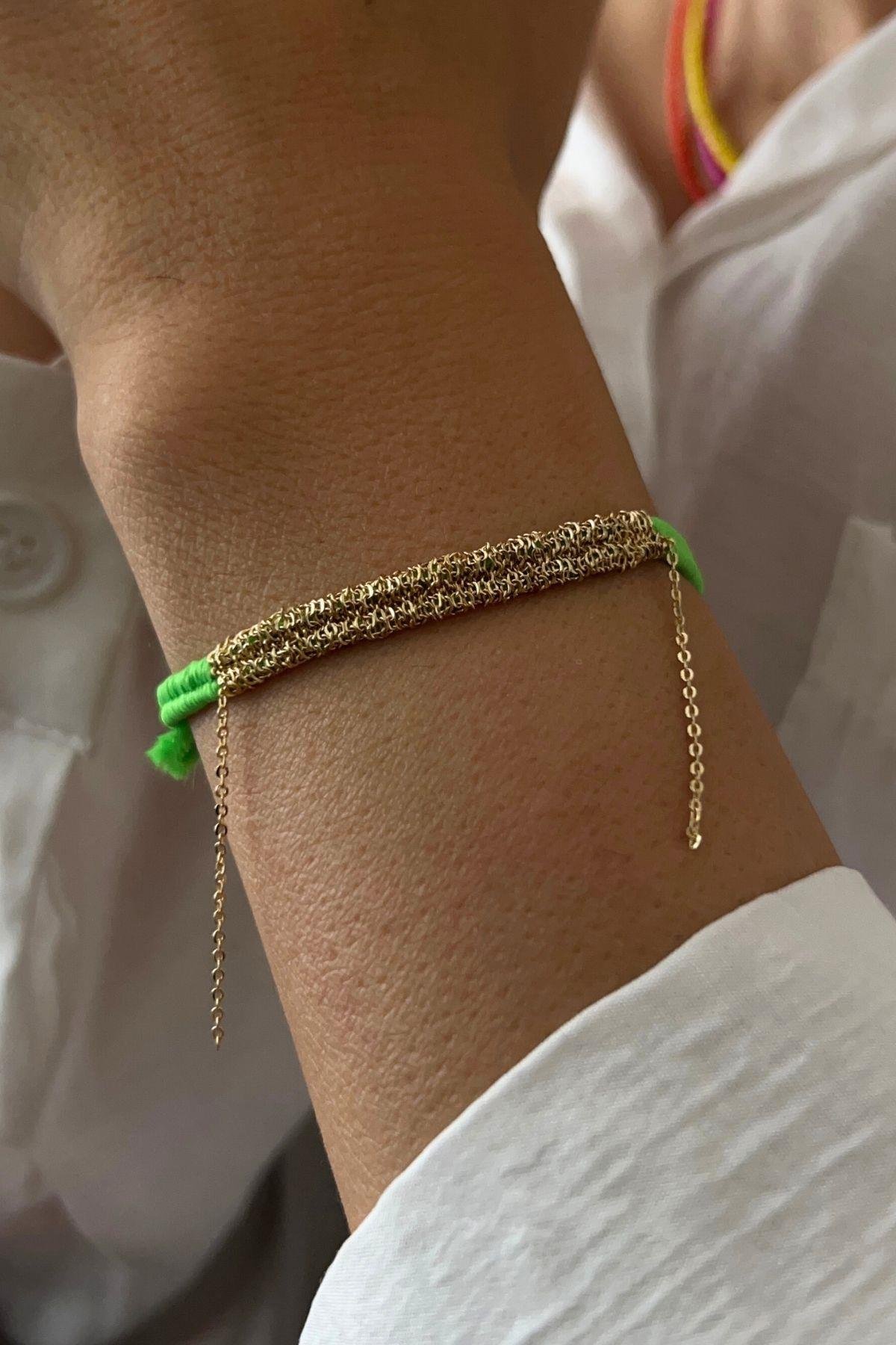 Handmade Fıstık Yeşili Dokuma Zincir Sallantılı Kılçık Bileklik