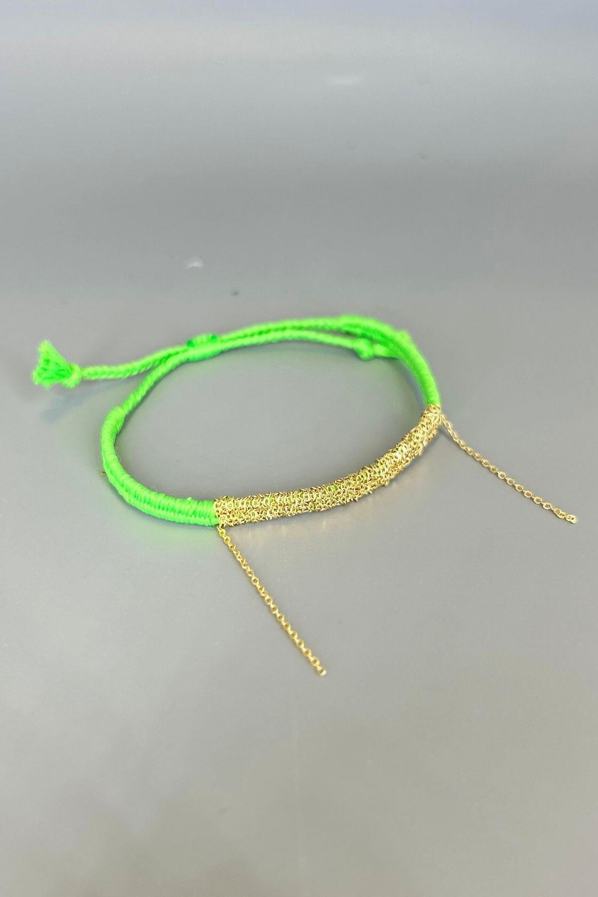 Handmade Fıstık Yeşili Dokuma Zincir Sallantılı Kılçık Bileklik