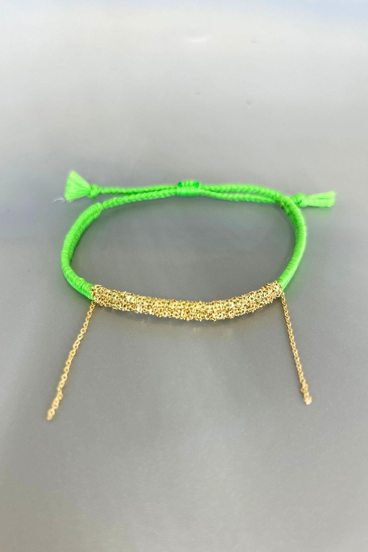 Handmade Fıstık Yeşili Dokuma Zincir Sallantılı Kılçık Bileklik