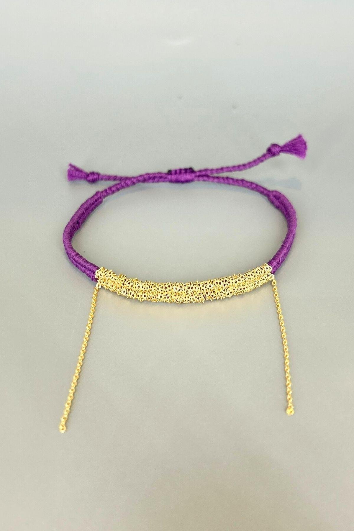 Handmade Mor Dokuma Zincir Sallantılı Kılçık Bileklik