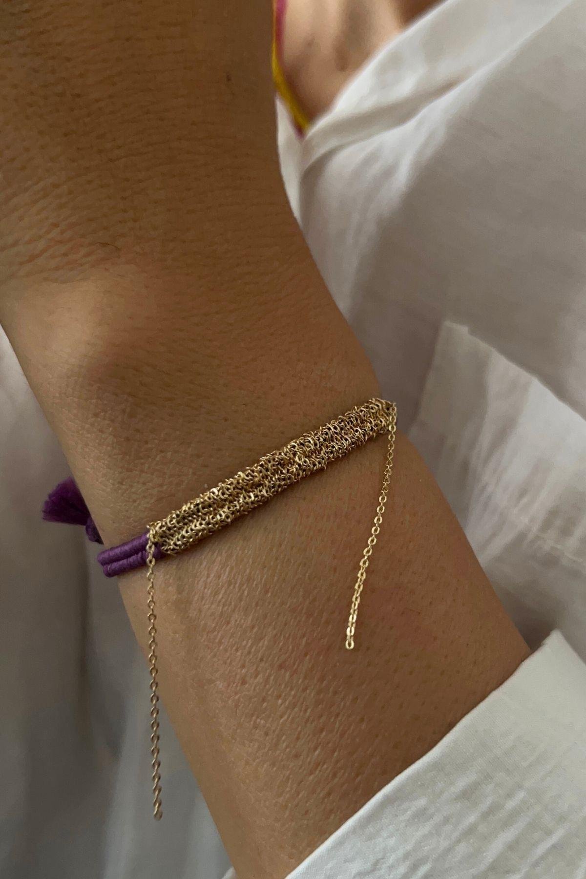 Handmade Mor Dokuma Zincir Sallantılı Kılçık Bileklik