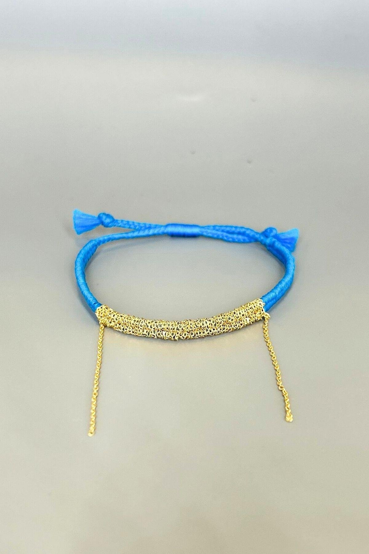 Handmade Saks Mavisi Dokuma Zincir Sallantılı Kılçık Bileklik